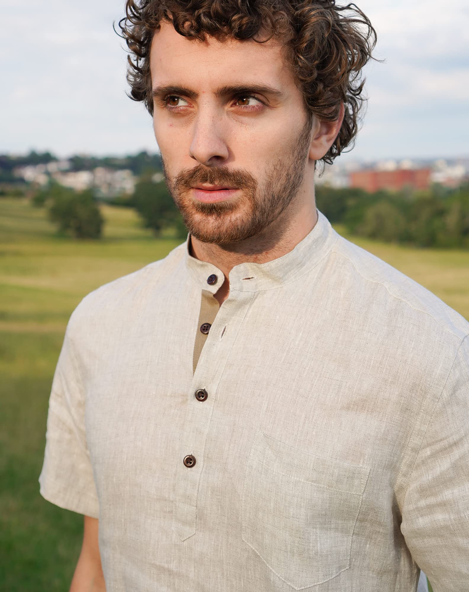 Borges & Scott - Camisa 100% lino irlandés Grandad Henley - Manga larga, marrón claro, M