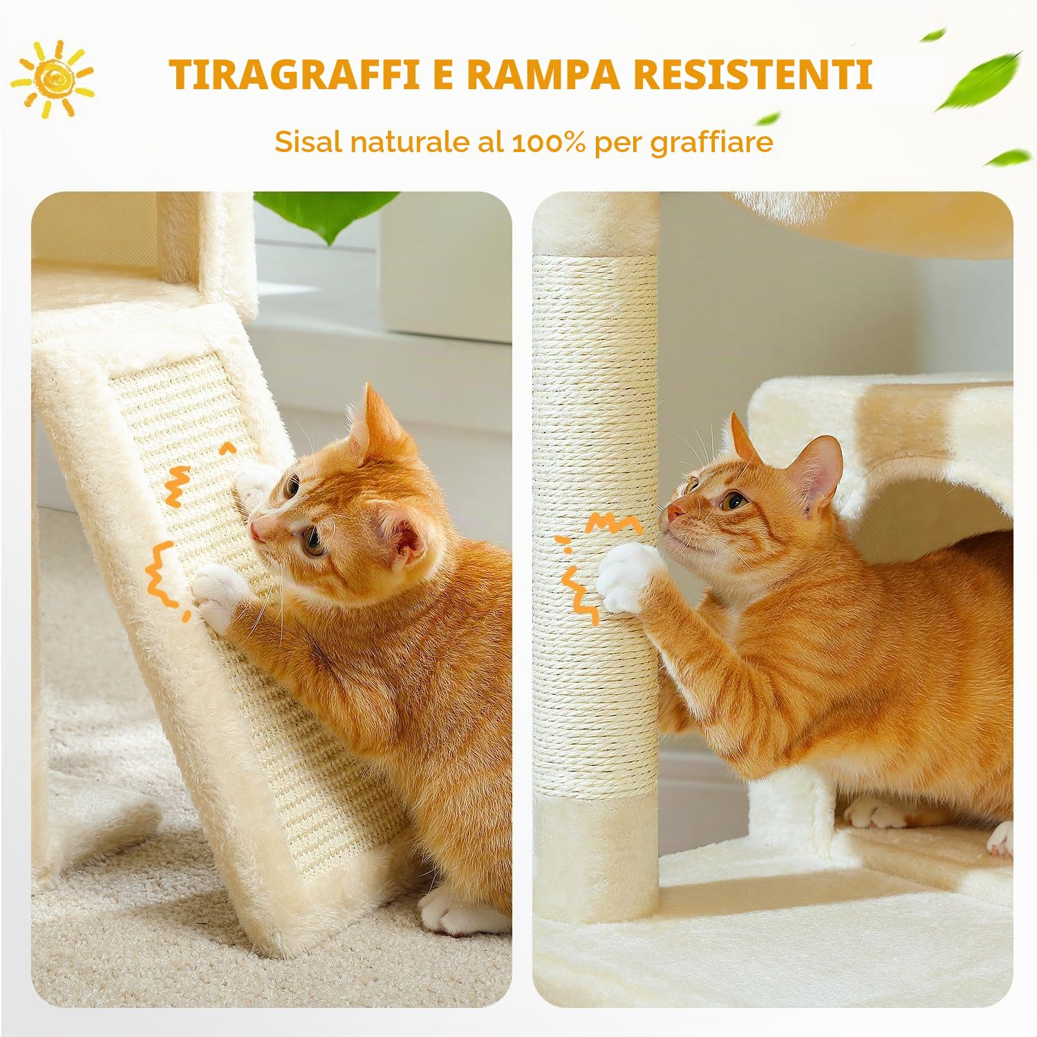 PETEPELA Tiragraffi da 104 cm, con 2 spaziose grotte per gatti di casa, casa per gatti con comoda amaca, asta imbottita, cuscinetto antigraffio e palla da gioco rimovibile, beige