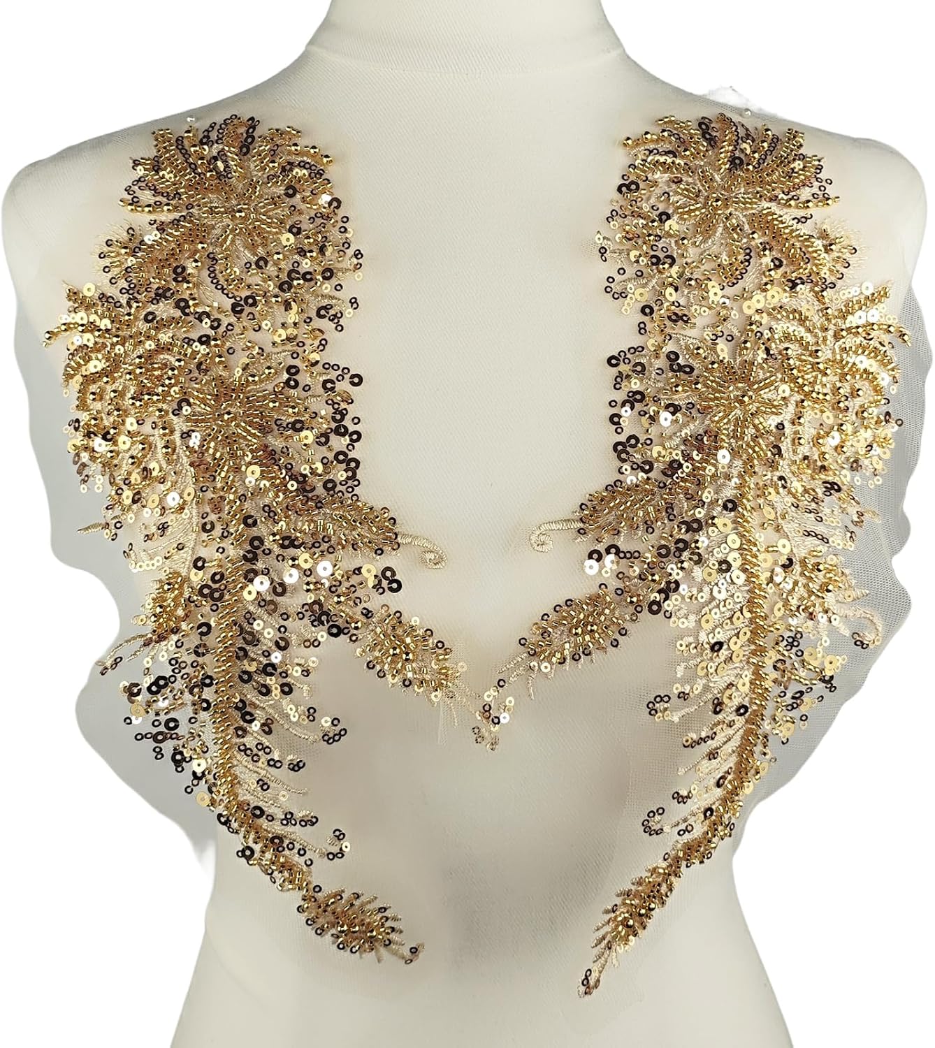 1Pair 3D Lace Appliques Sequin Flowers Beaded Embroidery Fabric Patches Trim for DIY Sewing Clothing Wedding Dress Decoration Supplies, Gold 13.4 x 5.5 Inch