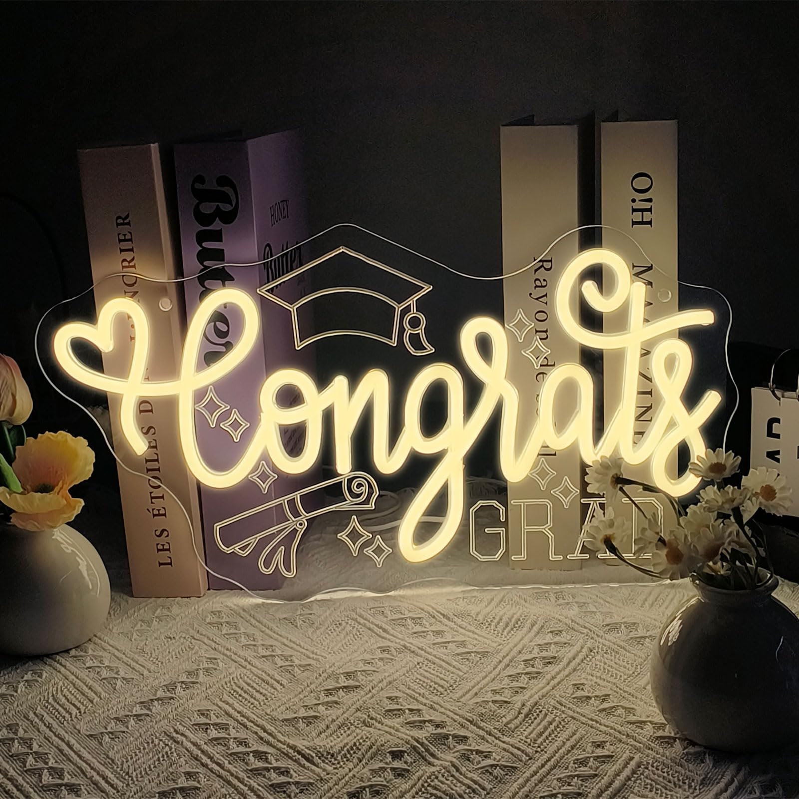 Congrats Grad Neon Sign, Graduation Cap Neon Light LED Congrats Grad Sign, for Graduation Party Graduation Ceremony Graduation Yard Sign Indoor Graduation Gift(15.7 * 8.6 In)