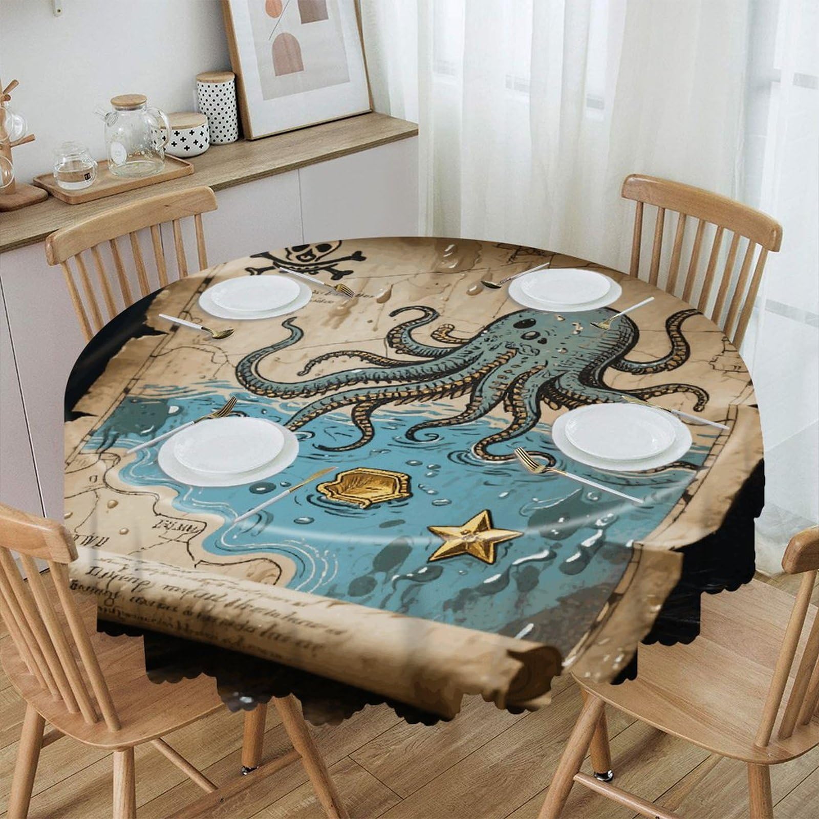 VstaDank Pirate Map Round Tablecloth Wipeable Round Polyester Tablecloth Waterproof Wrinkle Free Indoor and Outdoor Table Cover 60 Inch Decorative Farmhouse Table Cloth for Dining