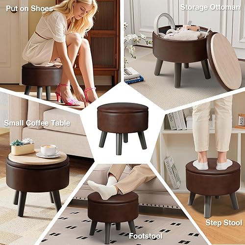 Miniatura 5 de Taburete otomano pequeño con almacenamiento, reposapiés otomano de piel sintética para sofá, reposapiés redondo para sala de estar (marrón) Marrón