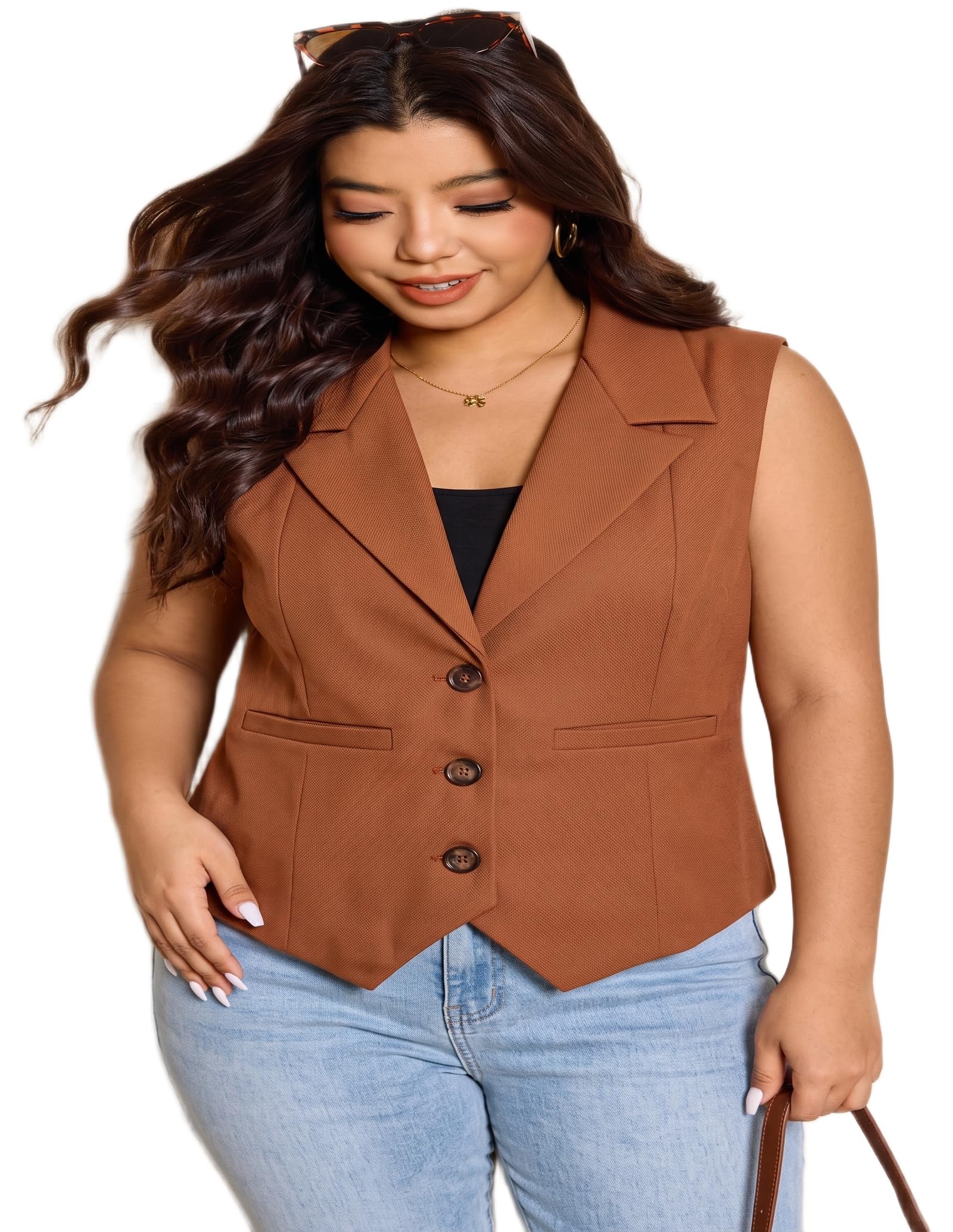 Women's Rust Notch Lapel Vest Sleeveless Button Front Cropped Waistcoat Blazer Top-image-1