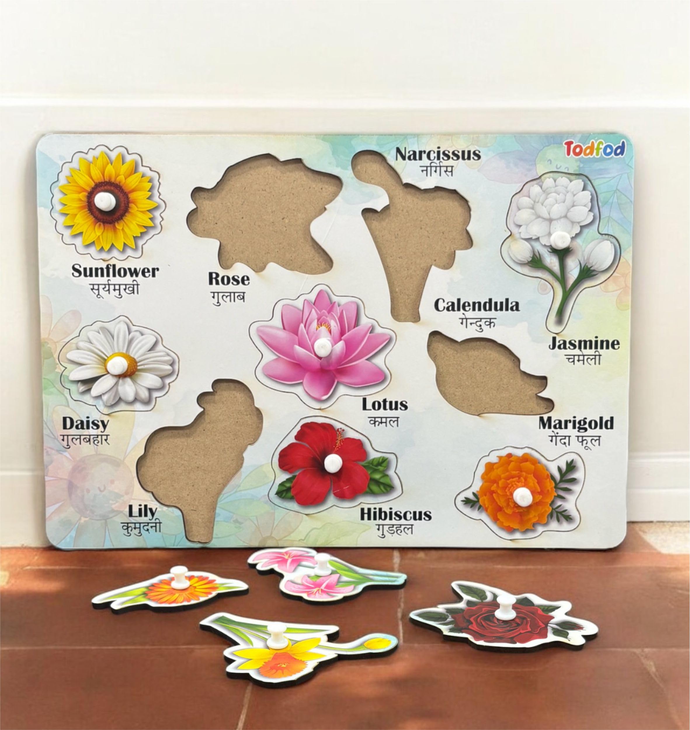 Wooden Flowers with Picture and Learning Educational Board for Kids & Children, Pcs - 8 Flowers Puzzle Toy with Knob-picture-11