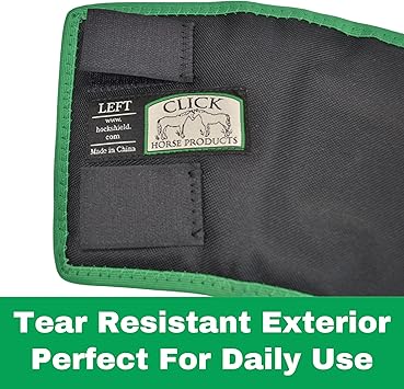 Click Horse Fetlock Shield, Horse Wrap, Prevents Pressure Sores & Bed Sores Fetlock Shields for Horses, Protection Horse Boots, Bedsore Boots, Nylon Lined Interior Black w/Green Trim - One Size