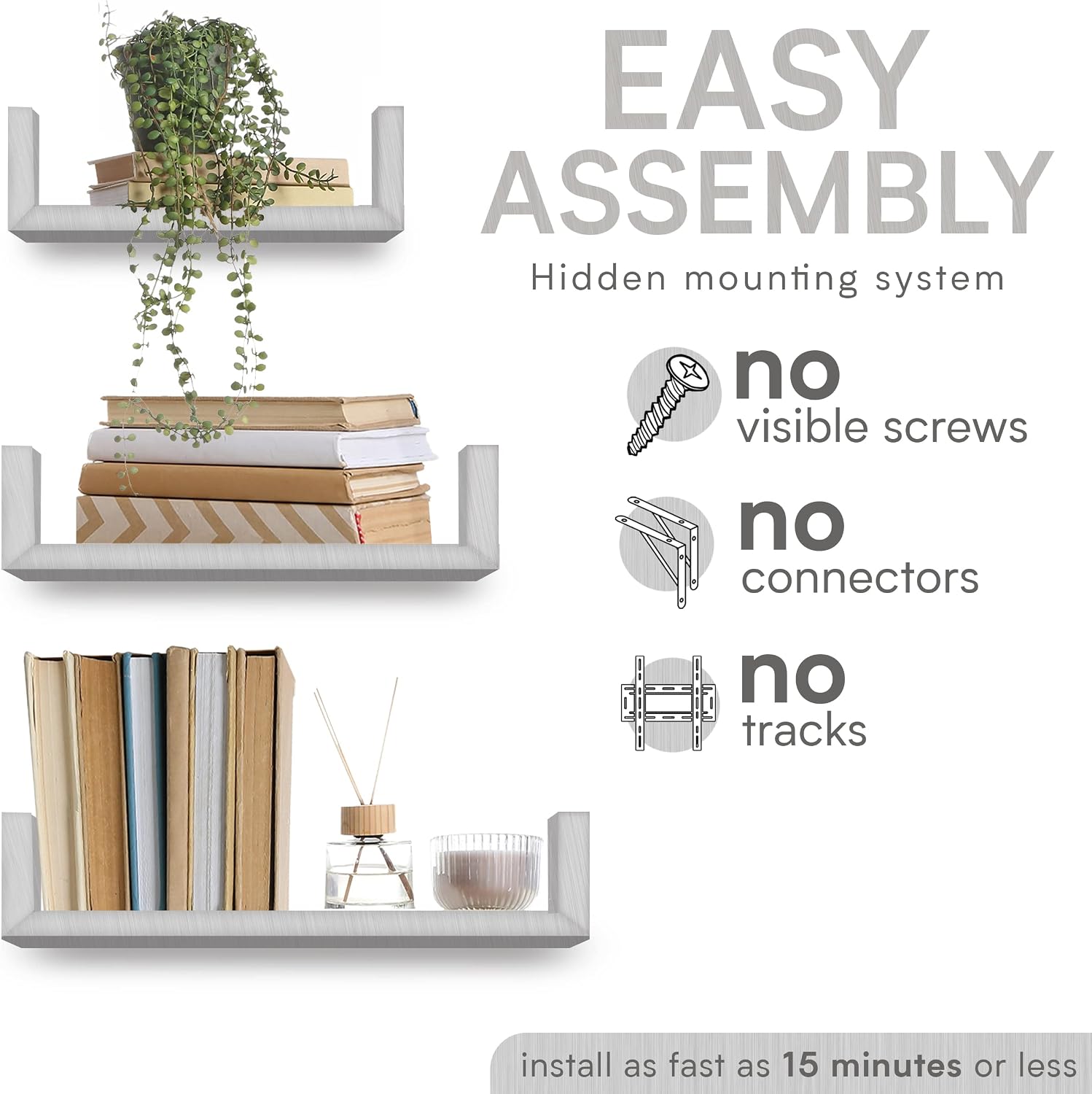 Halter Floating Shelves Wall Mounted for Home Decor Storage, Set of 3, White Wood