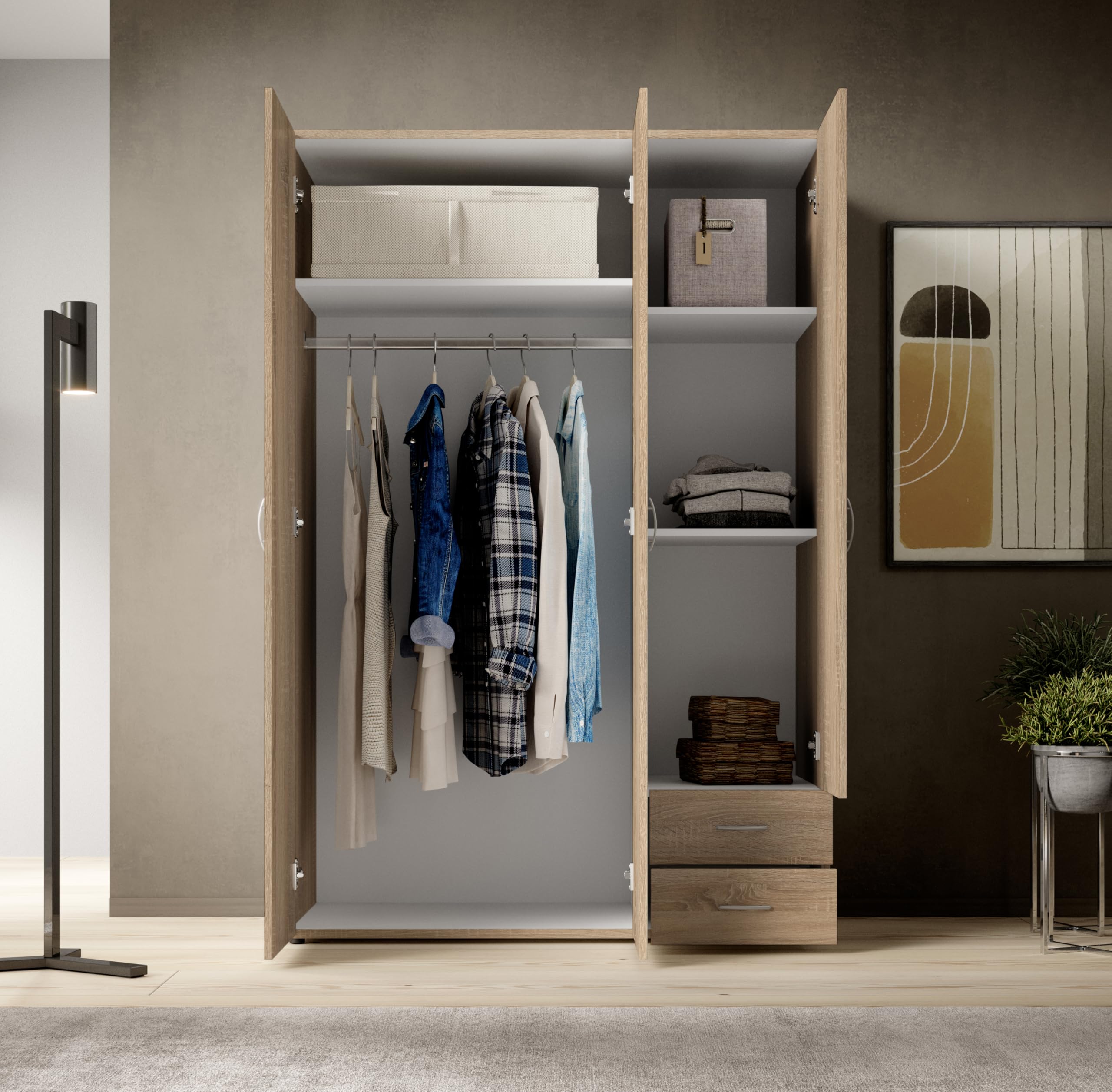 Armadio Guardaroba 3 Ante e 2 Cassetti | Armadio Camera da Letto Moderno 121x177x51 cm (LxHxP) | Ampio Spazio Organizzativo con Barra Appendiabiti | Colore Rovere