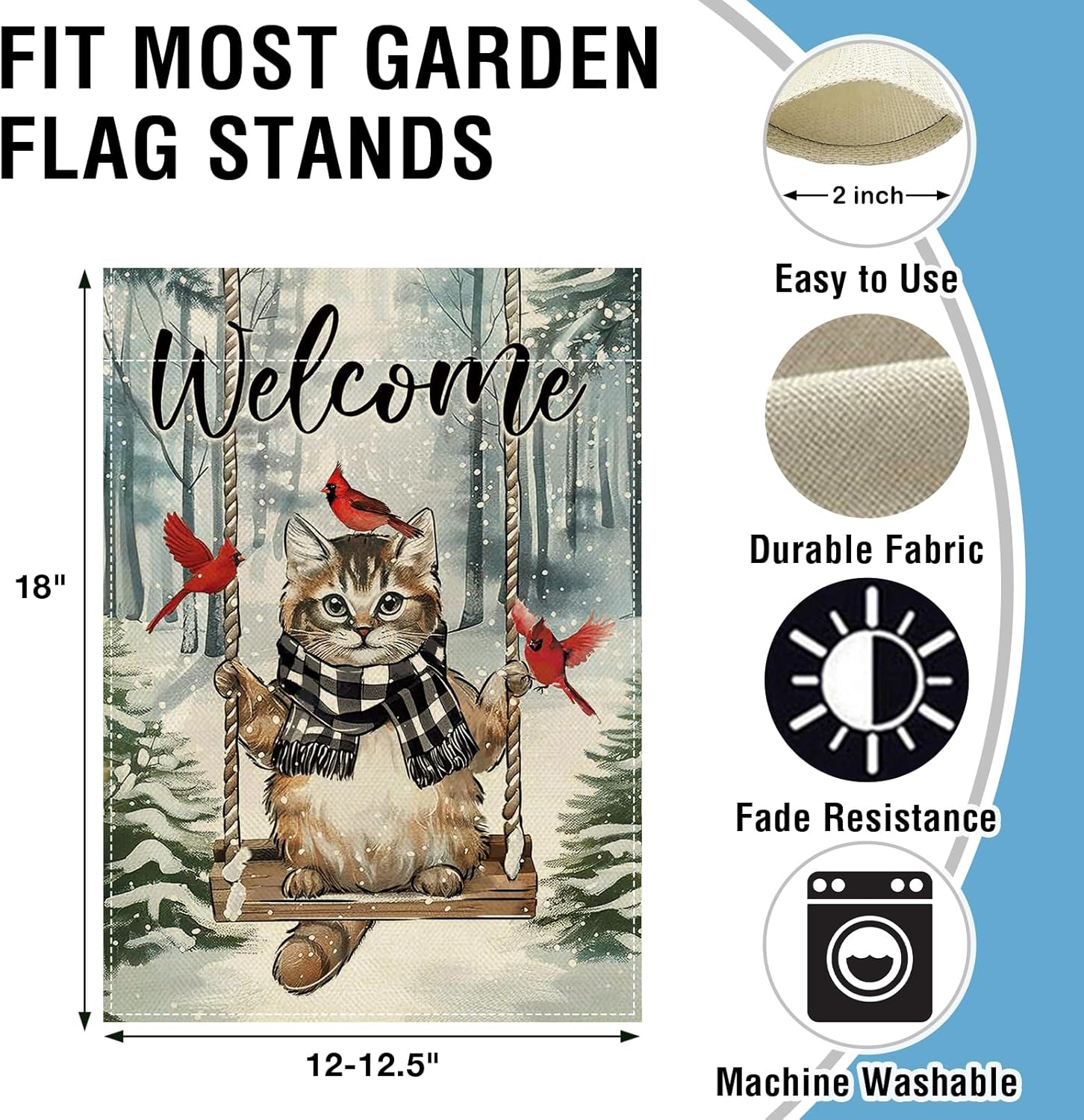 Artofy Welcome Winter Tabby Cat Small Decorative Garden Flag, Snowy Forest Swing Cardinal Yard Lawn Outside Decor Pet Owner Lover Gift, Christmas Burlap Outdoor Home Decoration Double Sided 12 x 18 - Image 2