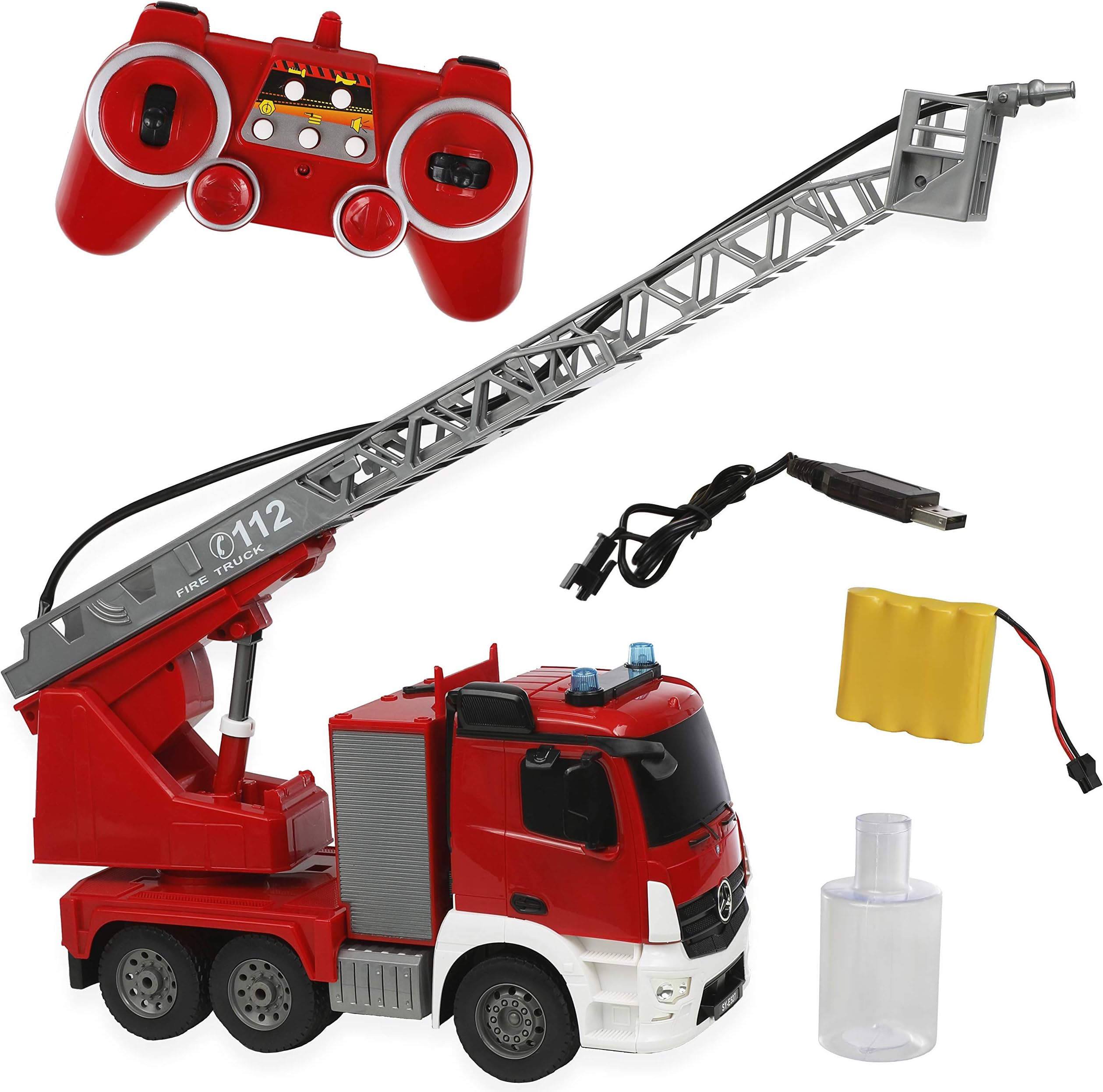 Waze Drive Toys Remote Control Fire Truck RC Fire Engine with Rechargeable Battery, Extendable Ladder, Water Pump, Lights and Sound Large Size Full Function