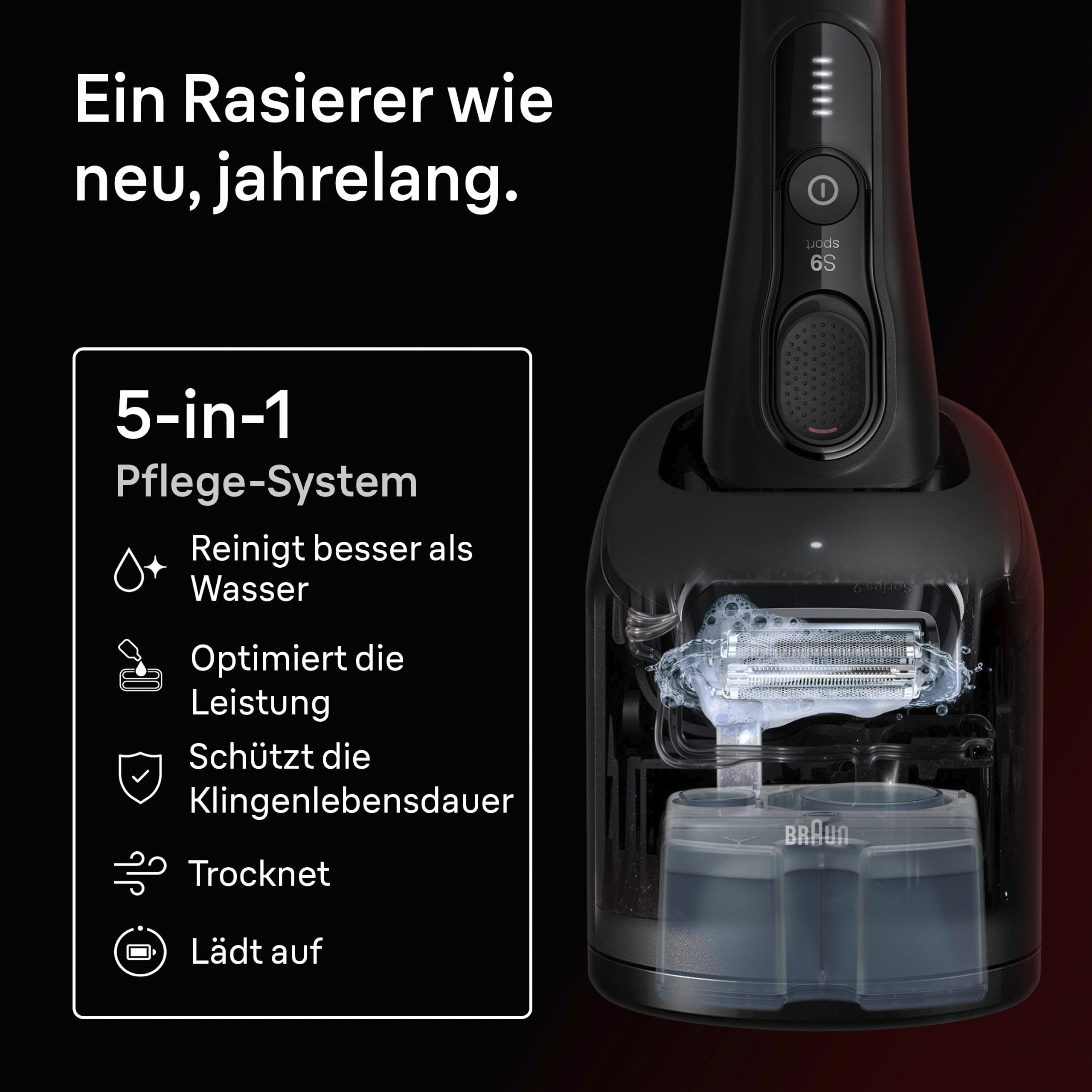 Braun Rasierer Herren Elektrisch Series 9 Sport, 9150cce, Schwarz | Elektrorasierer mit 4+1 Präzisionskopf, Barttrimmer mit 60 Min. Akku, Wasserdicht, Inkl. 5-in-1 SmartCare Center, Reiseetui