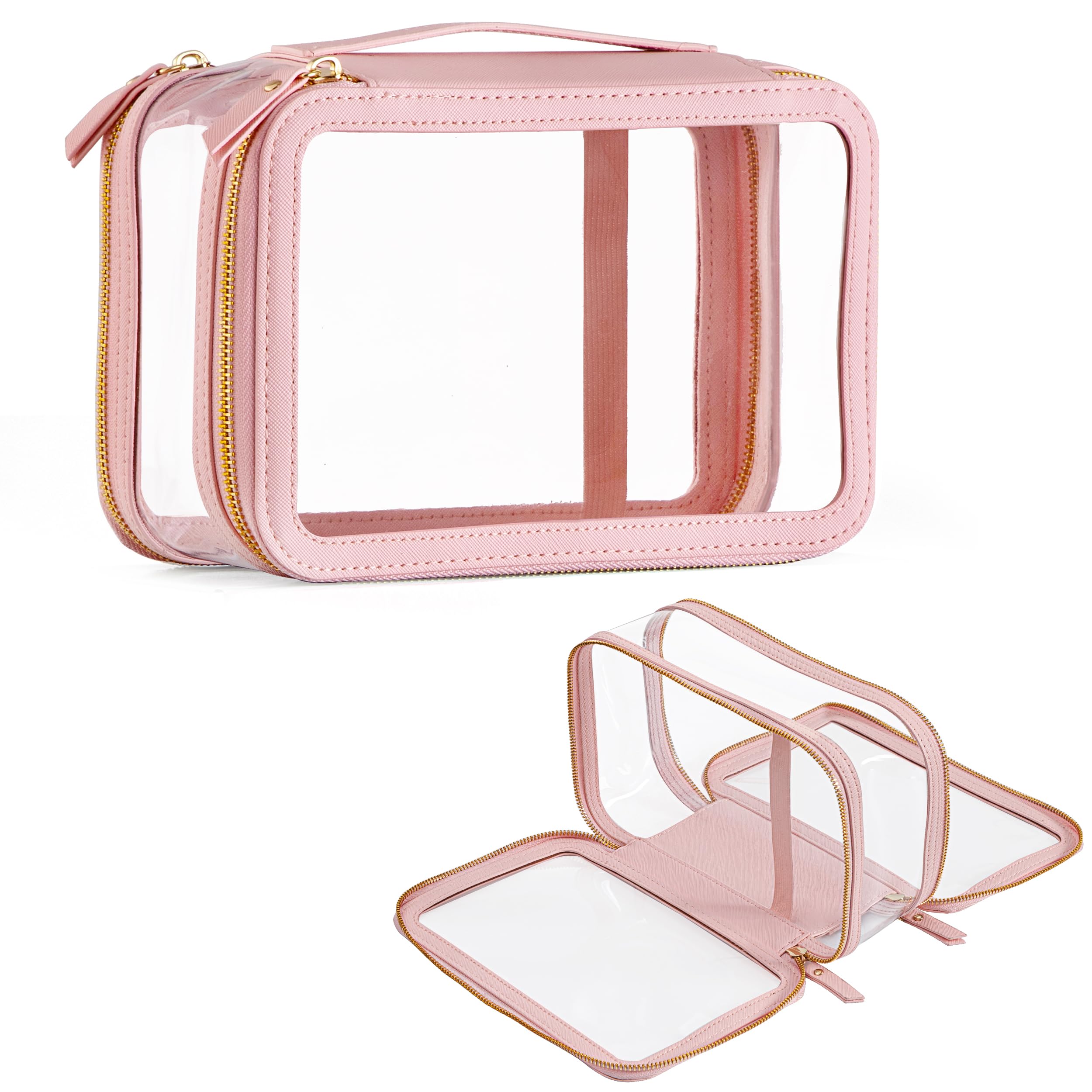 HBselect Clear Makeup Bag Toiletry Bag Double Layer Travel Large Clear Cosmetic Bag with Zipper, Big Make Up Bag Organizer Women Traveling TSA Approved Transparent Bag Car for Essentials