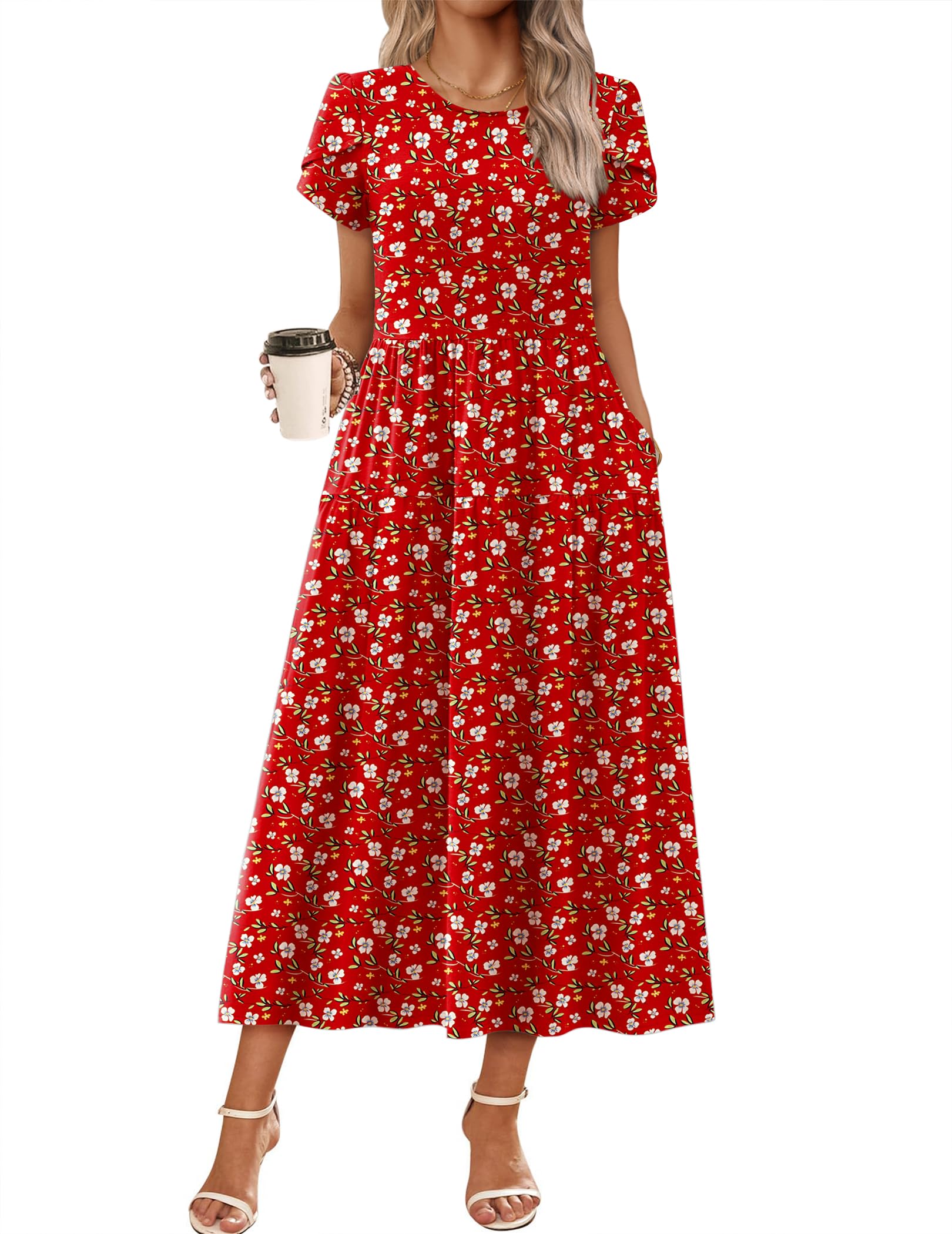 Summer Dresses for Women 2026 Maxi Bohemian Floral Short Sleeve Long Dress Casual Flowy Tired Beach Sundress