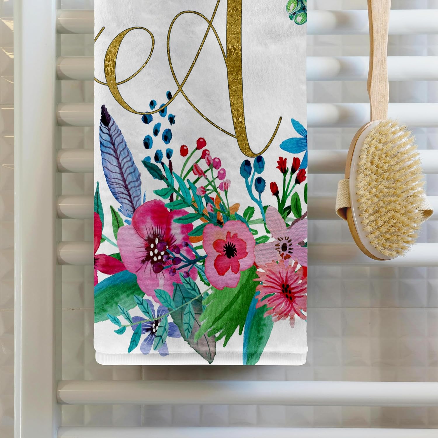 3dRose Pretty Watercolor Floral Green Dragonfly, Gold Monogram A Design 22x30 Bath Hand Pool Towel