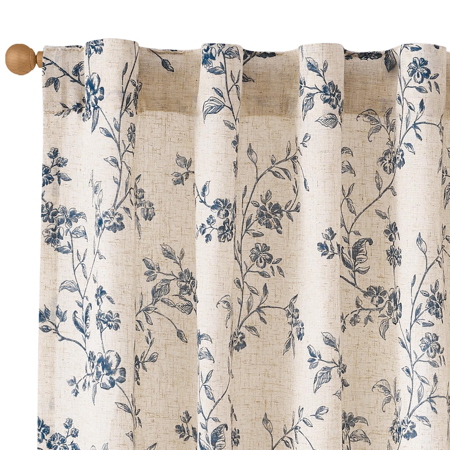 Lazzzy Blue Floral Linen Curtains 63 Inch Farmhouse Back Tab Drapes for Living Room Bedroom Light Filtering Vintage Grandmillennial Rod Pocket Curtains, 2 Panels, W38 x L63, Blue on Beige