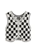 Women's Sweater Vest Button Down V Neck Sleeveless Crochet Plaid Checkered Knit Sweater Vest
