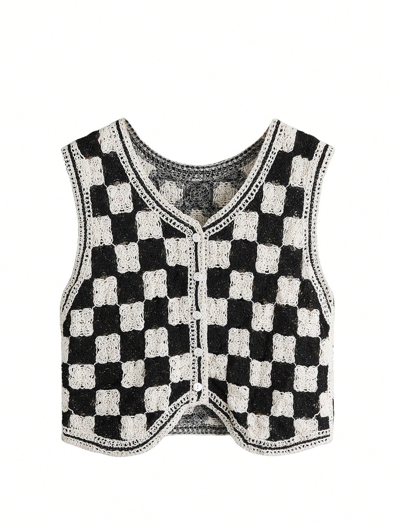 Verdusa Womens Sweater Vest Button Down V Neck Sleeveless Crochet Plaid Checkered Knit Sweater Vest