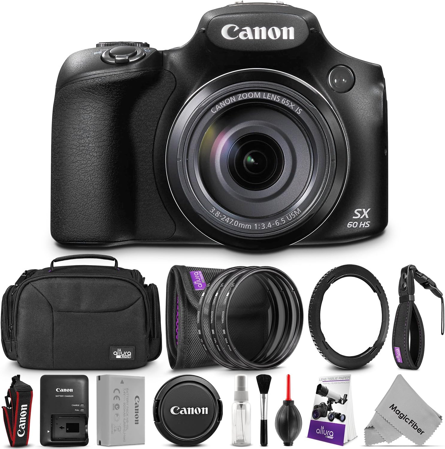 Canon PowerShot SX60 HS Digital Camera w/Essential Photo and Travel Bundle โ Includes: Altura Photo Shoulder Bag, UV-CPL-ND4, 67mm Lens Adapter Ring, Camera Cleaning Set