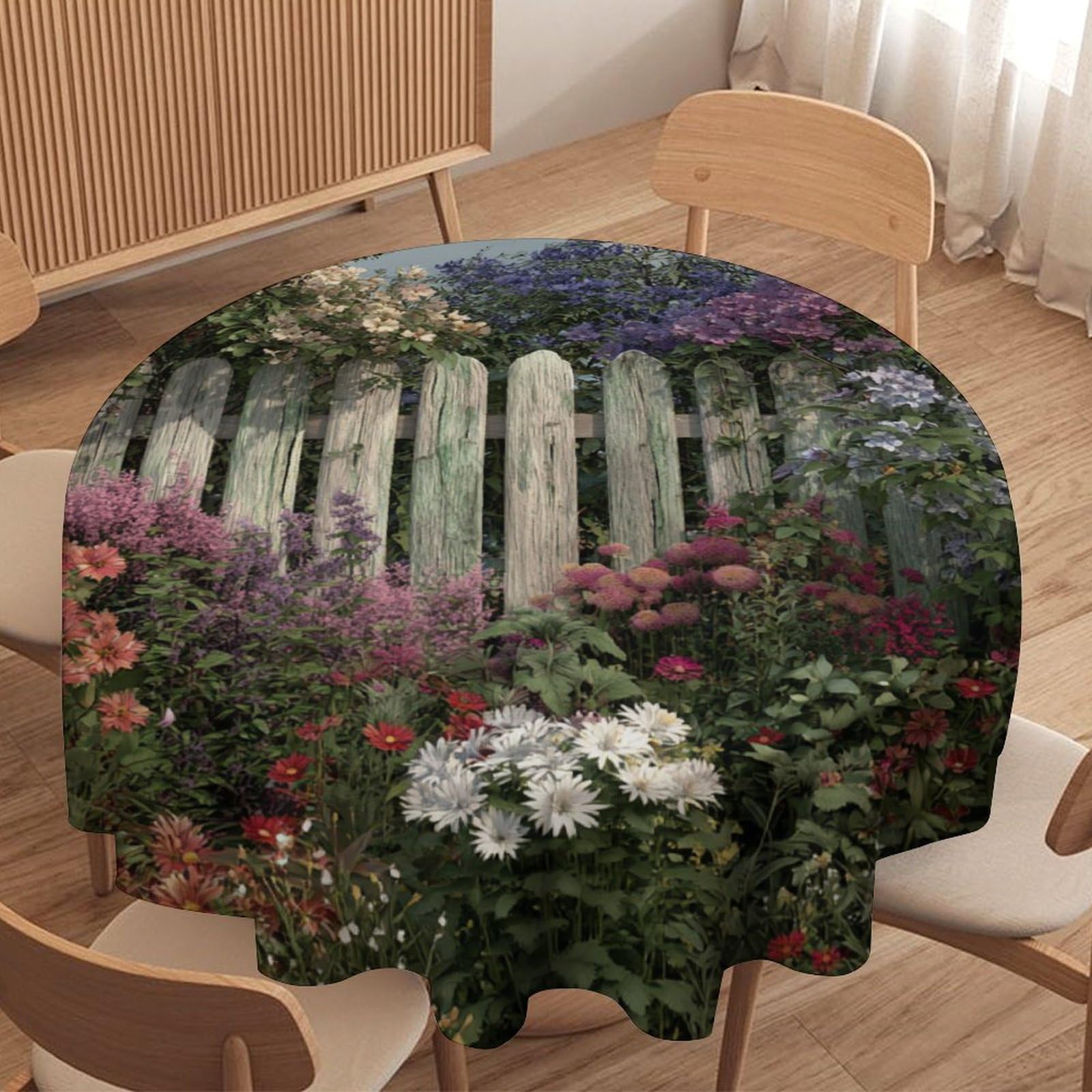 LUYYSKY Classic Realistic Spring Garden Round Tablecloth Fantasy Natural Wooden Fence Daisies Floral Pattern Washable Decor for Table Cover for Kitchen-127 Wx127 L cm