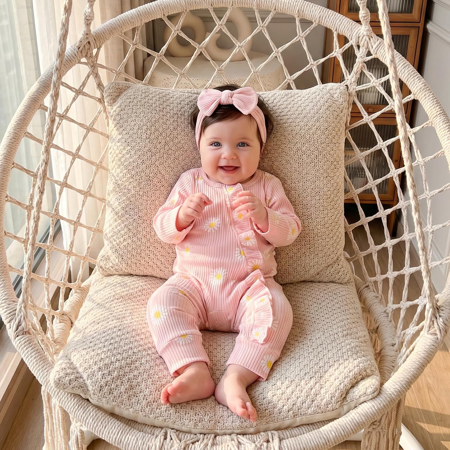 Newborn Baby Girl Fall Clothes Waffle Daisy Winter Jumpsuit Romper image 5