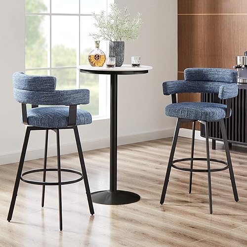 Miniatura 6 de 30 Inch Bar Stools Set of 2 with Full Back, Swivel Bar Chairs with Linen Padded Back, Metal Footrest, Modern Bar Height Stools for Kitchen Island,
