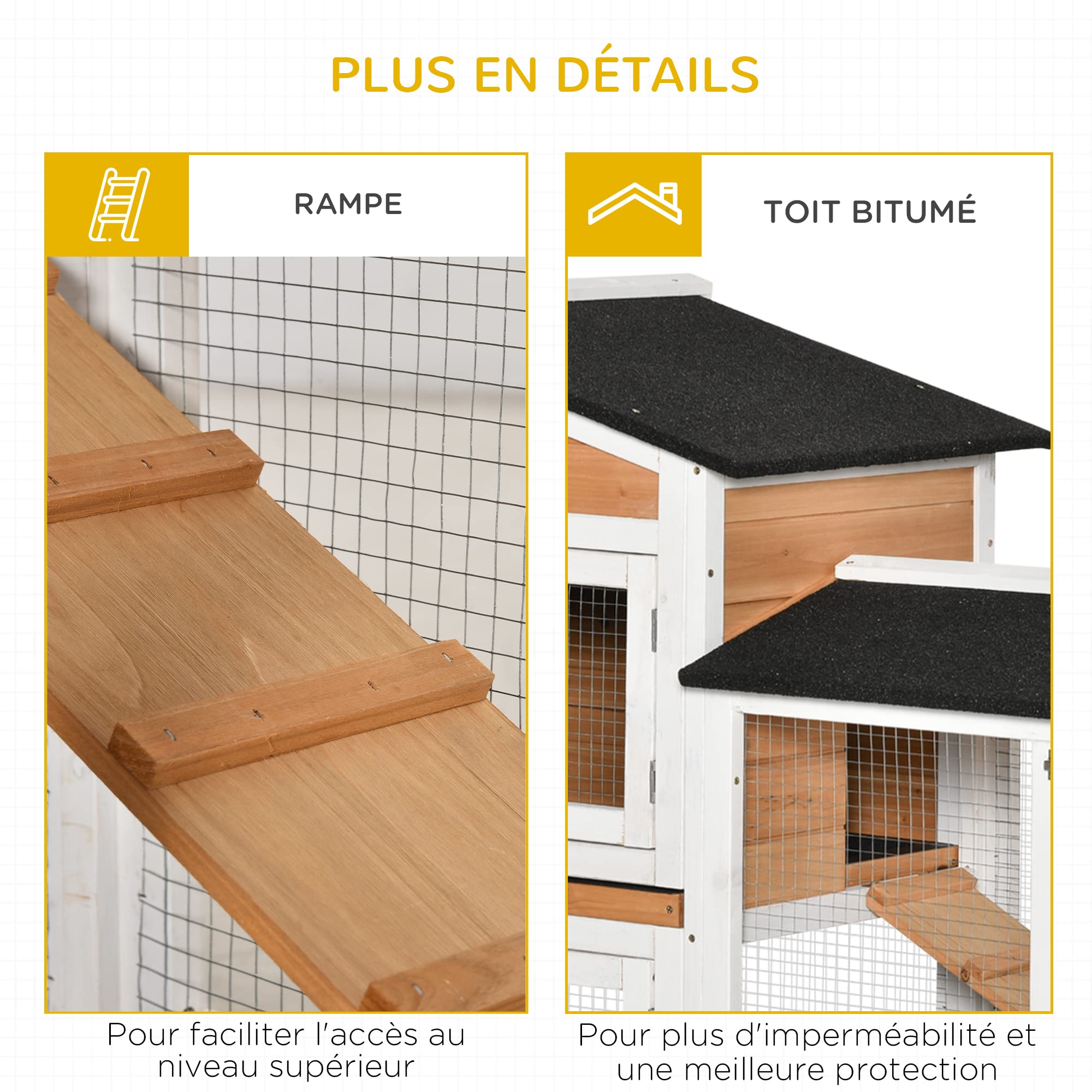 PawHut Clapier Bois pour Lapins Petit enclos Animaux Villa pour Lapin sur roulettes 2 étages 3 Plateaux coulissants 157,4 x 53 x 99,5 cm Jaune