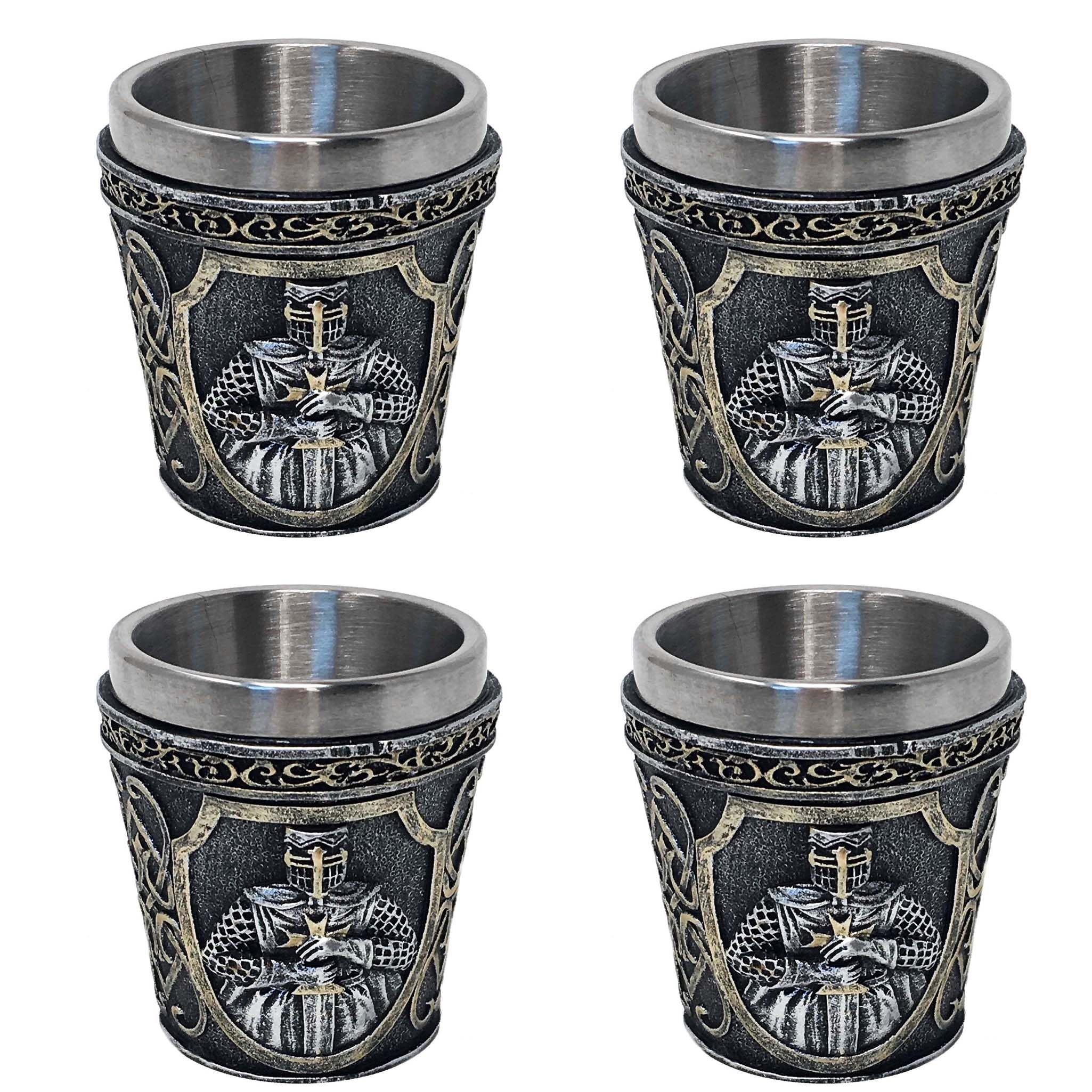 Lot de 4 verres à shot « Croisés » argentés – Verres à liqueur Motif chevalier médiéval