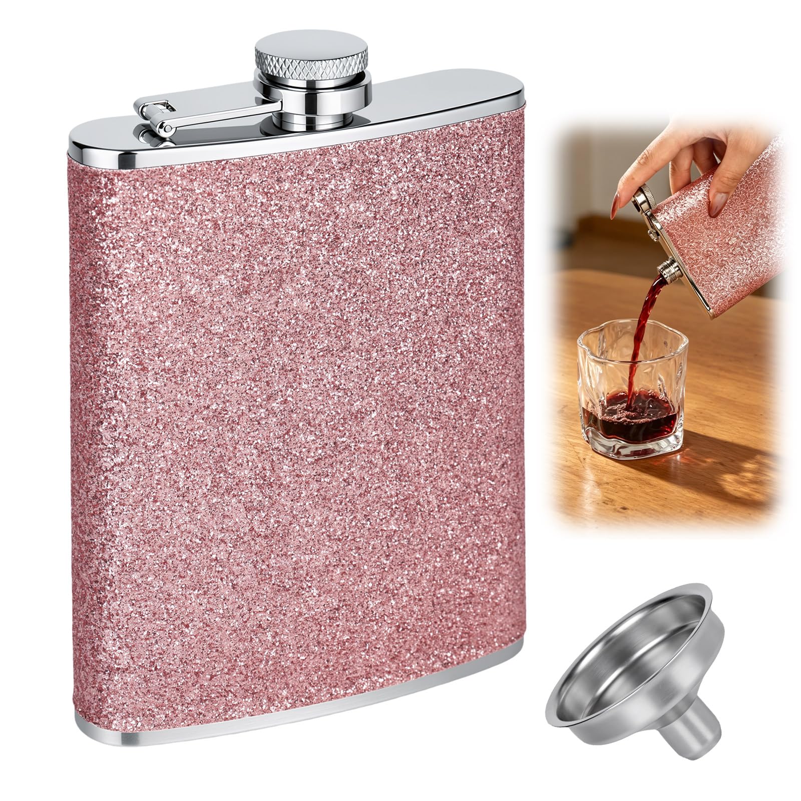 XCWTBL 8Oz Hip Flask for Men Women,Pink Sparkling 304 Stainless Steel Portable Whiskey Flask with Funnel, Leakproof Perfect for Camping, Hiking, Climbing, Barbecue, Groomsman, Bridesmaid, Gift