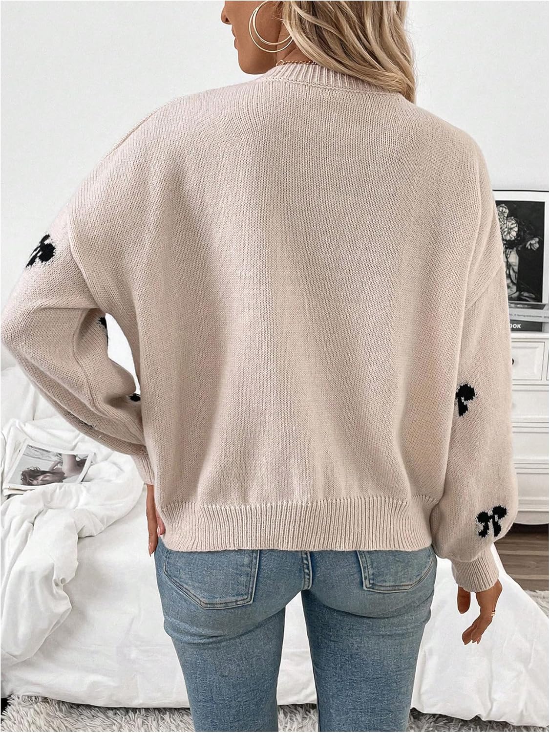Women's Y2K Bow Sweater Cozy Fall Winter Sweaters Christmas Knit Crewneck Long Sleeve Drop Shoulder Pullovers - Image 2