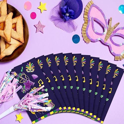 Miniatura 6 de Yeaqee 200 servilletas de papel de Mardi Gras de 2 capas desechables de mano para invitados, máscara de corona de Mardi Gras, sombrero, globo, baño,