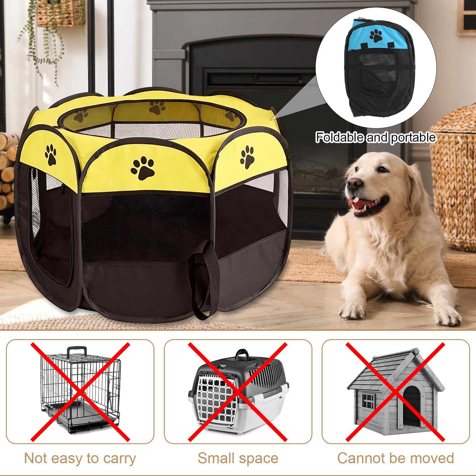Recinto per Cani da Interno, Portatile Box Cani per Interno ed Esterni, Box Pieghevole per Cane e Gatti, Kennel Cane Piccolo, Gabbia per Gatto, Cucciolo Conigli, 74 x 74 x 43 cm (Giallo)