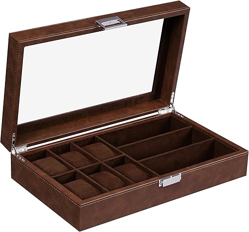 Miniatura 9 de BEWISHOME Caja de reloj con 6 ranuras y caja de gafas de sol de 3 ranuras para hombres, almacenamiento de lentes de sol con tapa de vidrio grande,