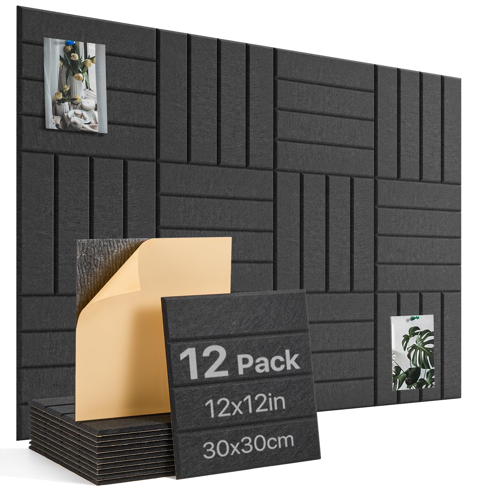 Large Cork Board, 12 Pack 12"X12"X0.4" Felt Bulletin Board Tiles with Self Adhesive for Wall Home Office Decor, Pin Cork Boards-Black
