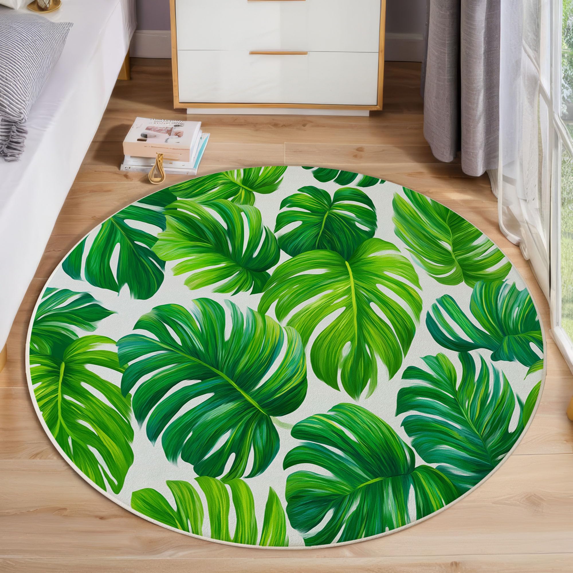 Tapis vert émeraude 60 cm lavable et rond à motif monstera