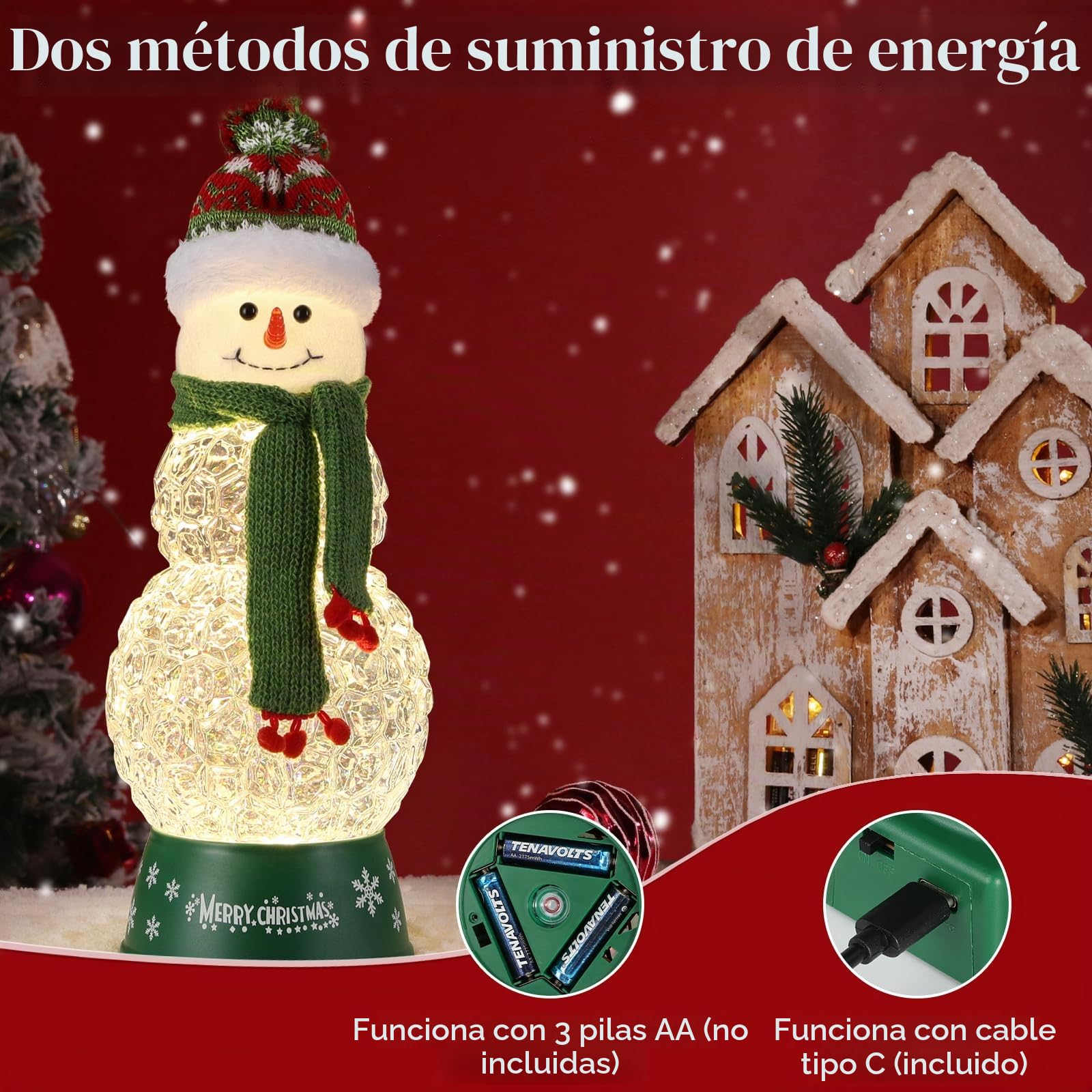 Lewondr Globo de Cristal Nieve Navideño, Hombre de Nieve con Bufanda Verde, Spinning Glow y 8 Canciones, Caja Musical Árbol Navidad, Alimentado por la Batería Lámpara de Navidad