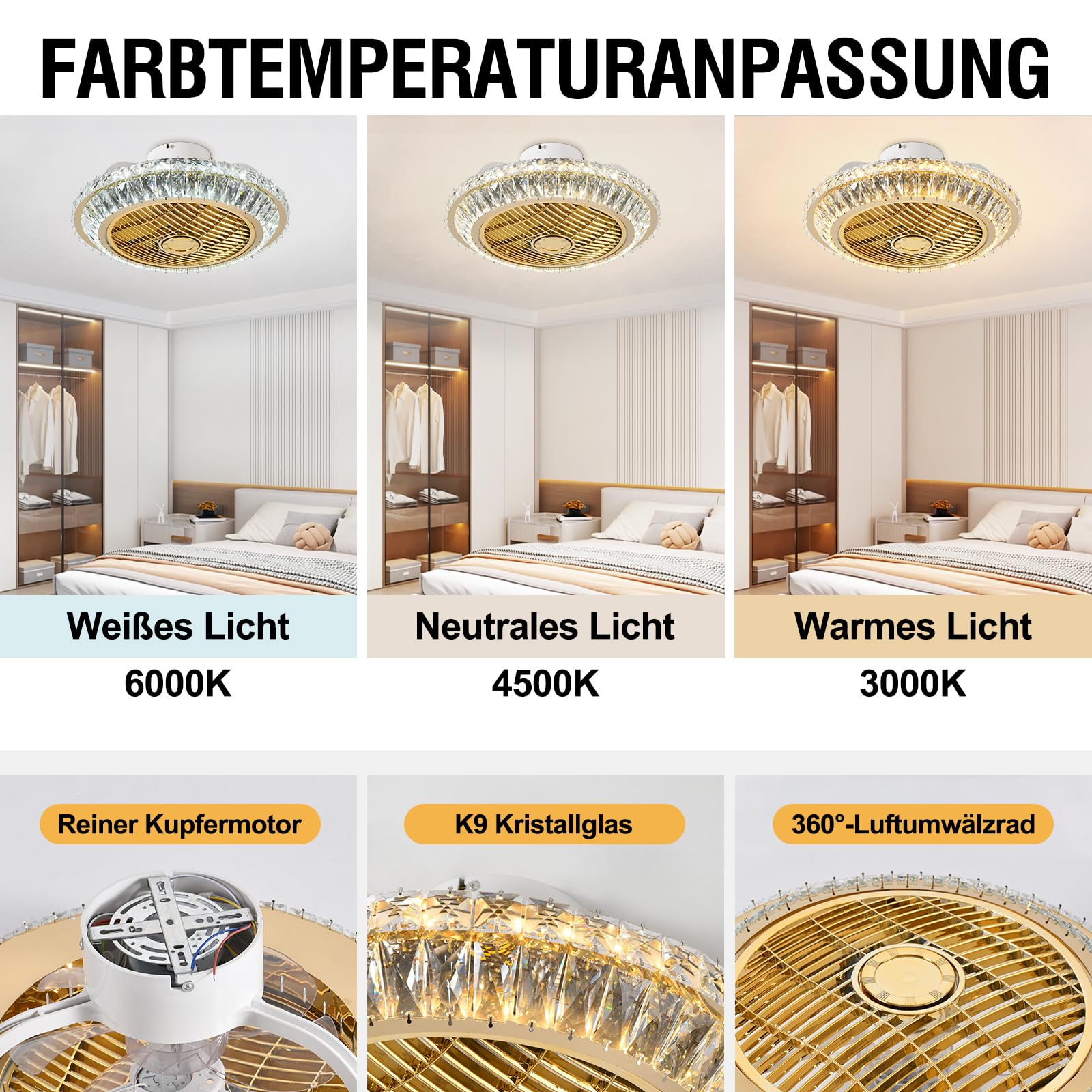 RRBEST Crystal Ventilatori Da Soffitto Con Lampada 72W LED Fan Plafoniera Invisibile 3 Velocità Con Telecomando＆APP Dimmerabile, Con ruota di guida dell'aria, circolazione dell'aria a 360°