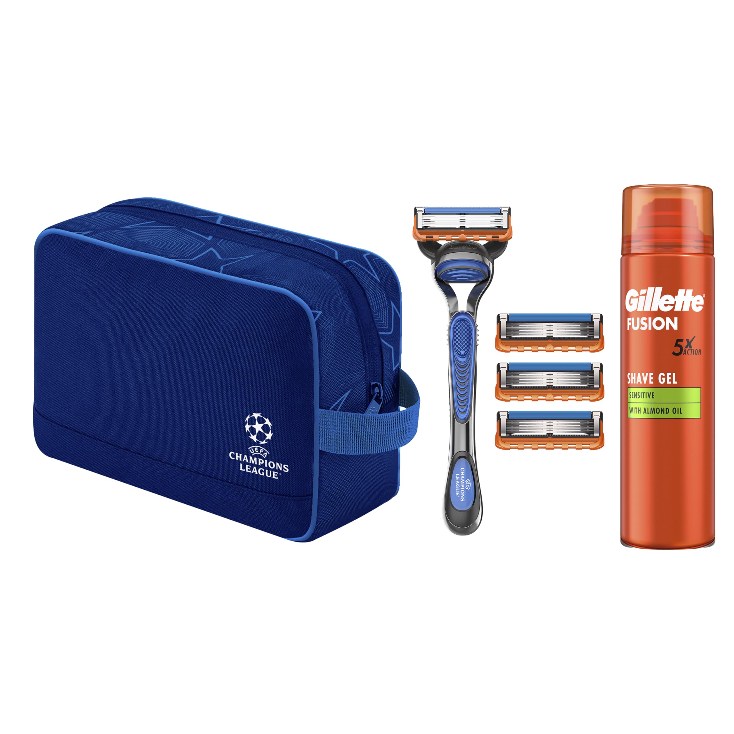 Gillette Fusion5 Rasierer Herren, UEFA Champions League Special Edition — Inkl. 1 Nassrasierer, 4 Ersatzklingen mit Gleitstreifen und 5 Klingen für Eine Langanhaltende Rasur und Rasiergel 200ml