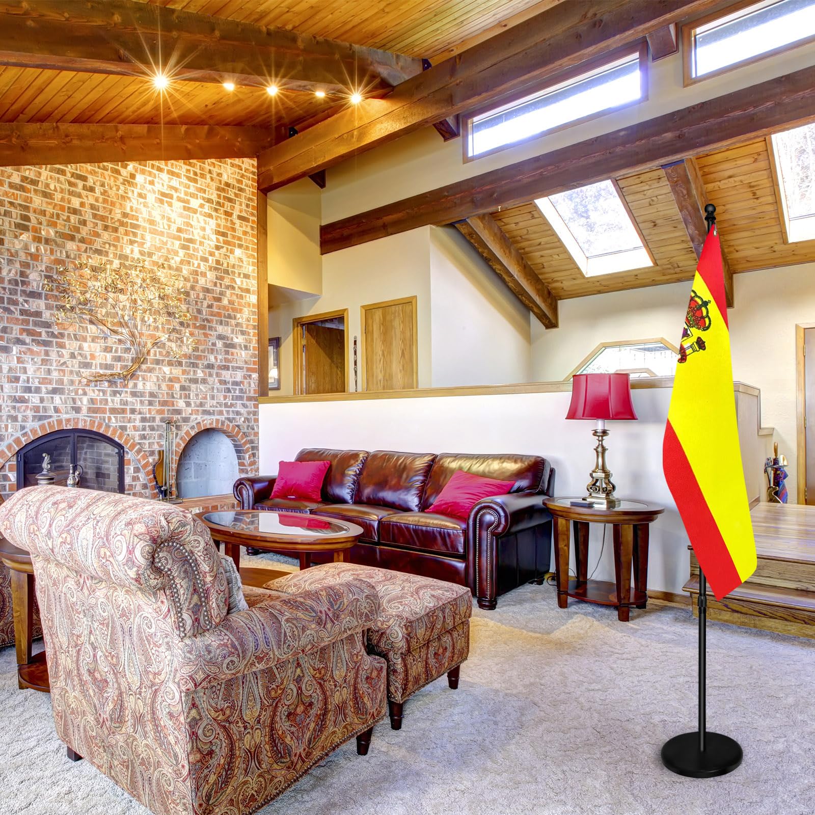 Mástil de bandera de interior con base, 200 cm-252 cm elevado y bajado para ajustar la altura, la base añade peso, los mástiles giran 360 grados, bandera de España de 90 x 150 cm. Adecuado para