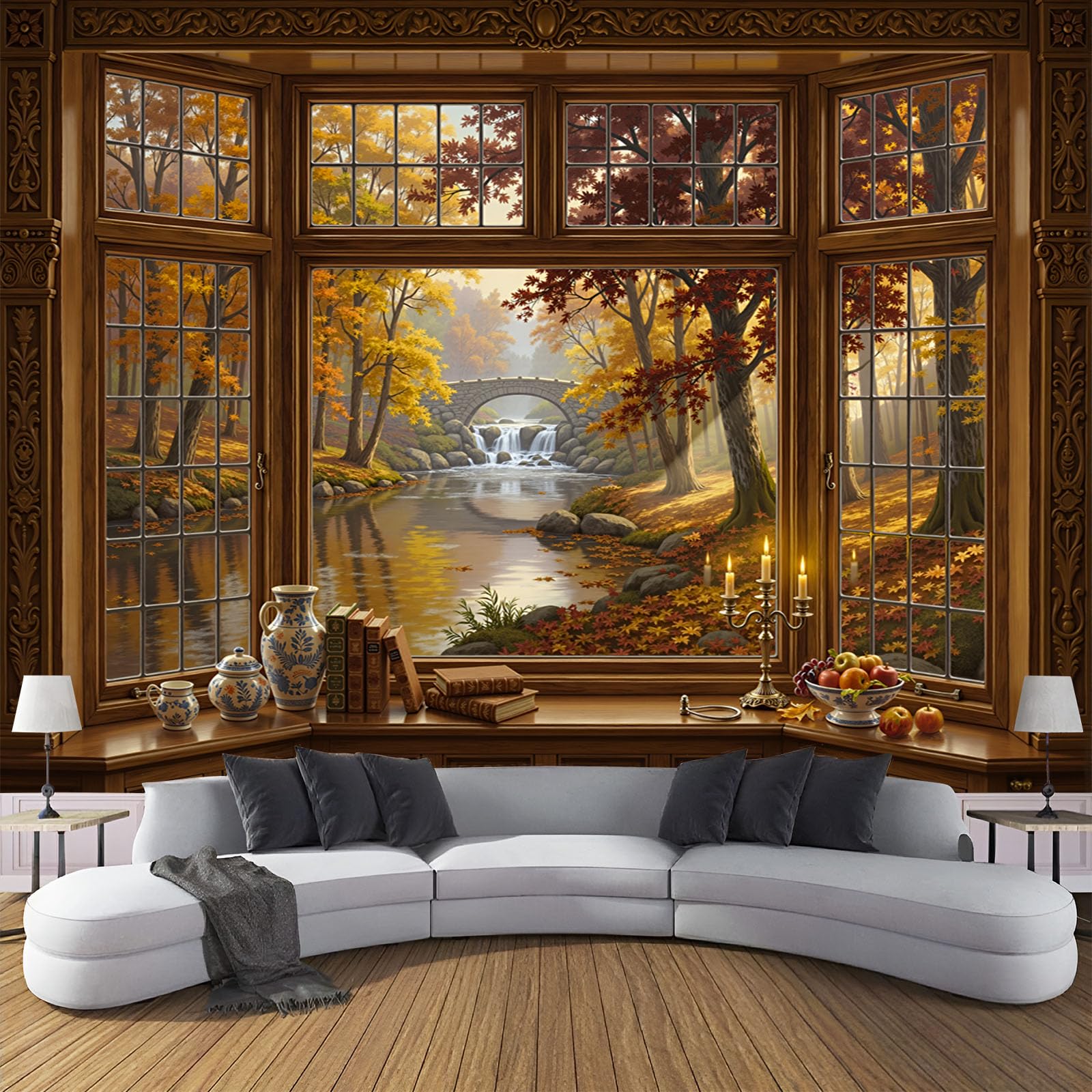 Papier peint vue de fenêtre vintage 300x210cm pour grand mur de salon