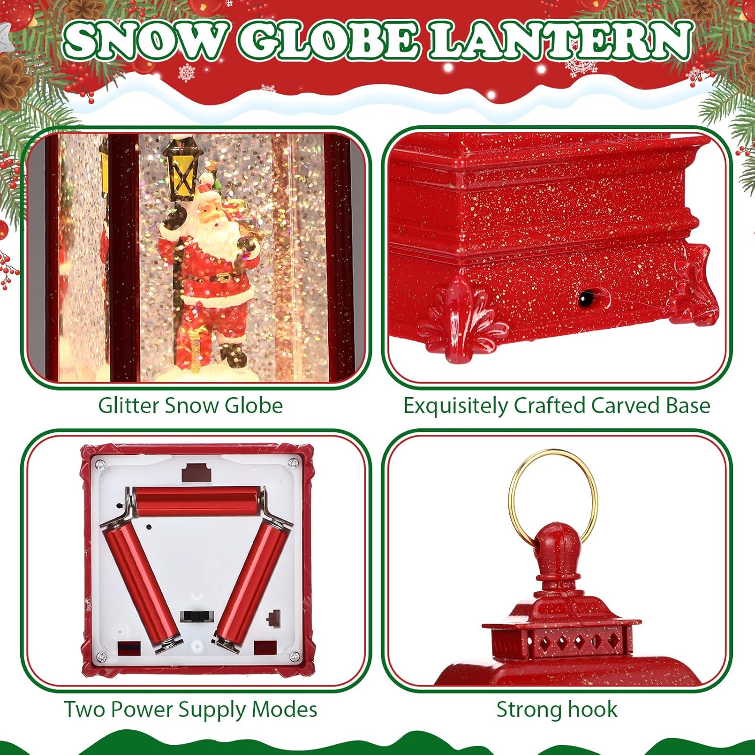 3 Pcs Christmas Snow Globe Lantern with Music Decorative 7.8" Lighted Snowman Santa Christmas Tree Water Glittering Hanging Ornament Light Gifts for Xmas Tabletop Centerpiece Decoration