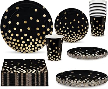Black and Gold Party Supplies for 30 Guests Complete Disposable Tableware Set with 9 Dinner Plates, 7 Dessert Plates, 12 oz Cups & 3-Ply Napkins, Gold Foil Party Pack