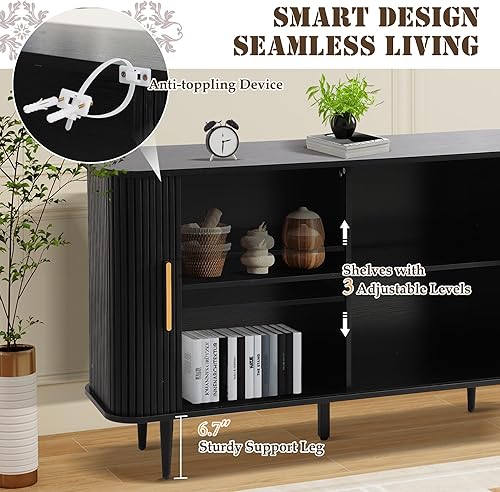 Miniatura 5 de Aparador estriado con almacenamiento, gabinete de tambor de mediados de siglo de 47 pulgadas con puertas deslizantes y estantes, gabinetes de búfer