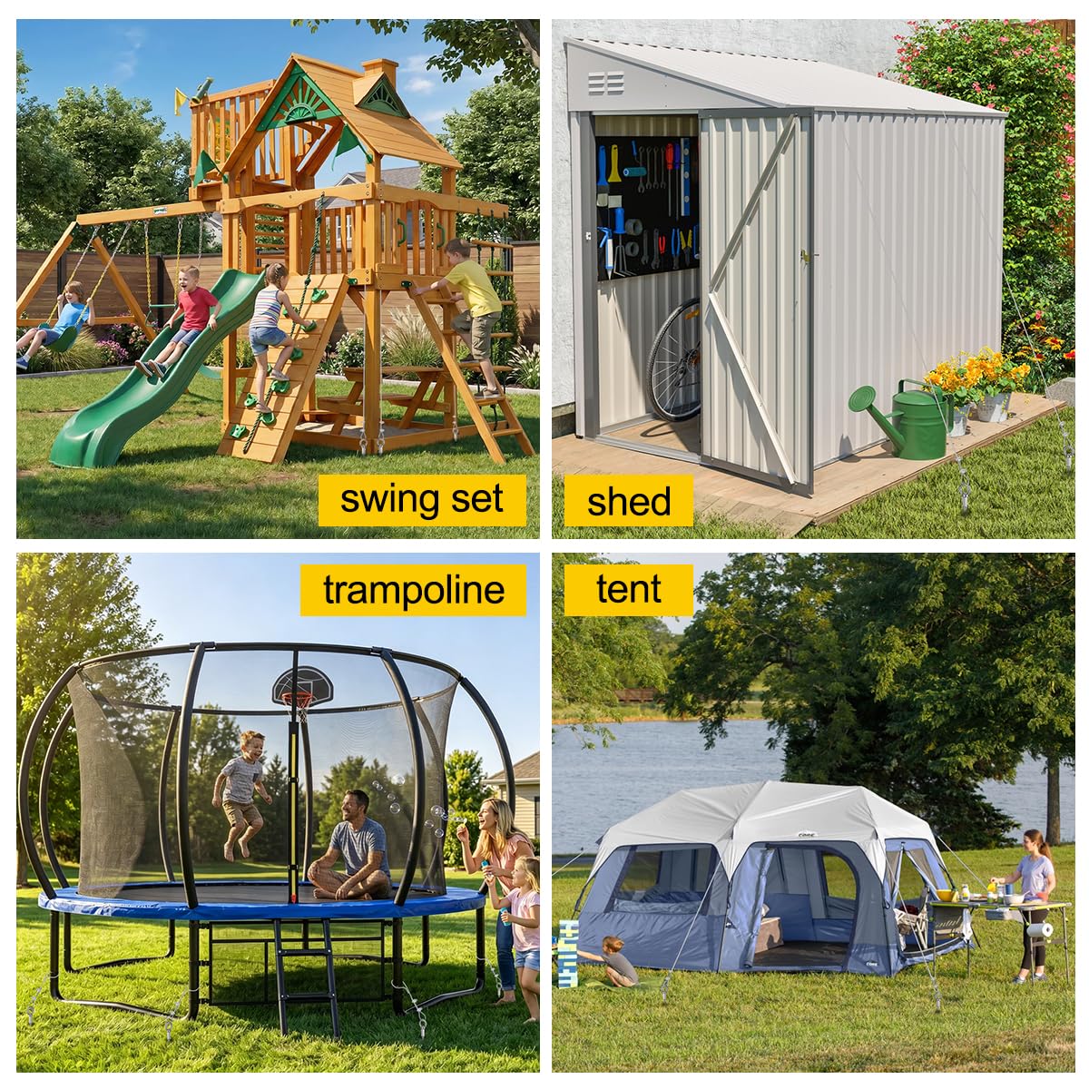 Anmento - Kit di ancoraggi resistenti da 45,7 cm, 2 pezzi, set di ancoraggi cromati per trampolini, gazebo, tettoie, capannoni, ancoraggi in acciaio per il fissaggio di vento forte; picchetti a