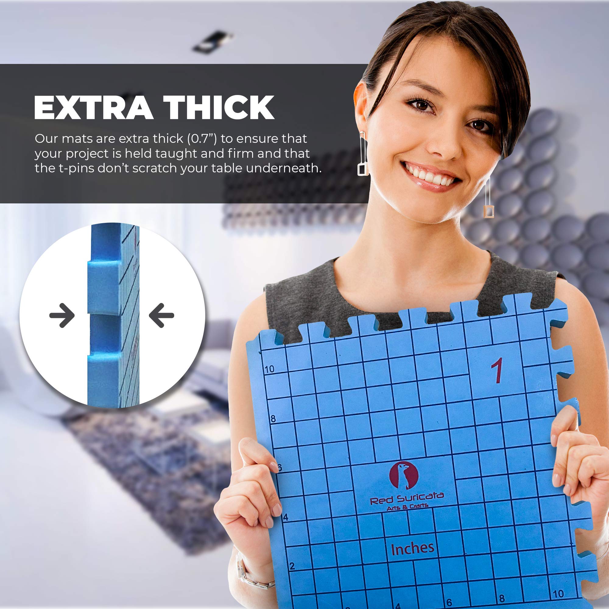 Red Suricata Blocking Mats For Knitting & Crochet - Extra Thick Boards With Grid And 50 T-Pins