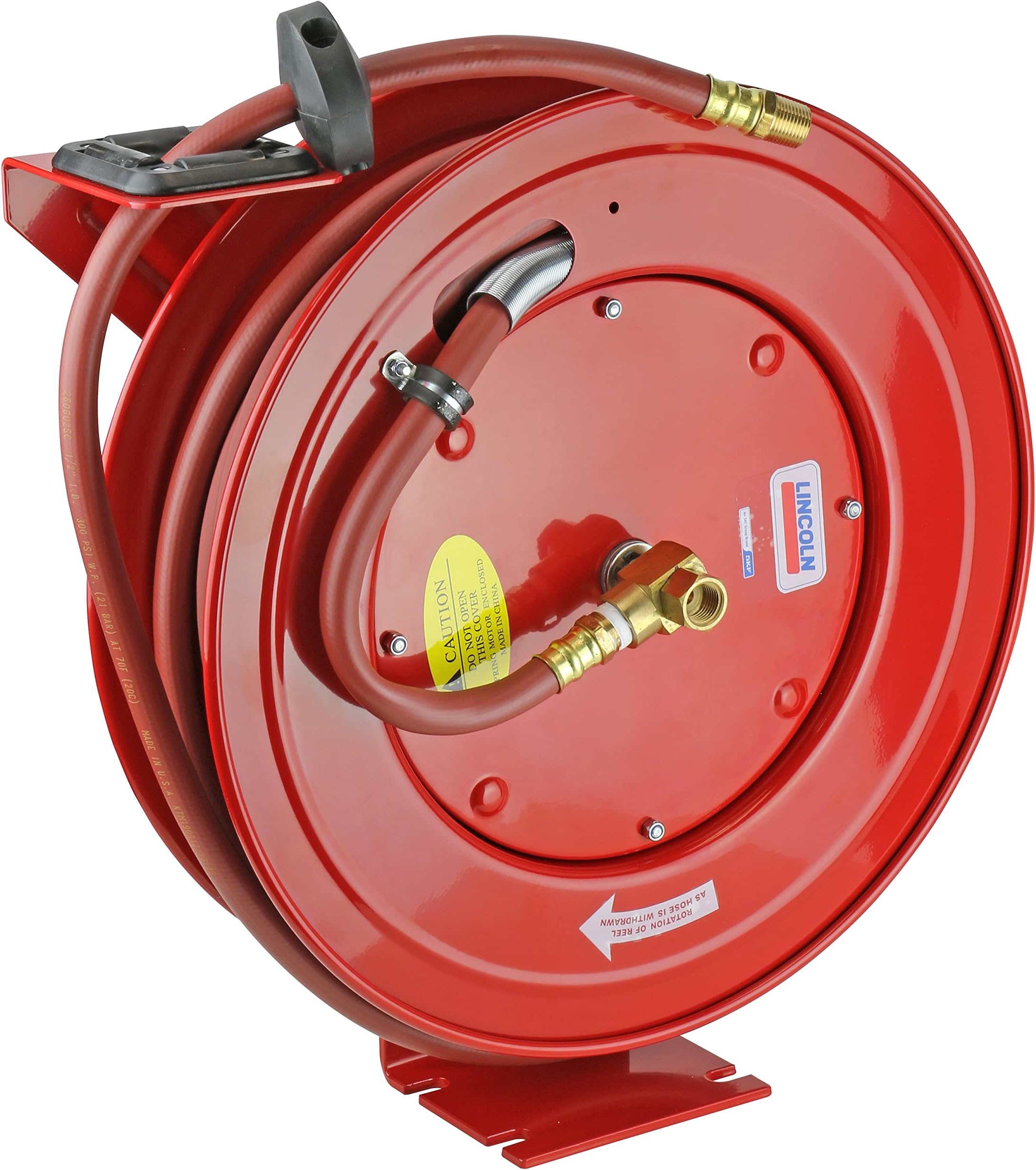 Lincoln 83754 Value Series Air/Water Retractable Hose Reel with 50' x 3/8" Rubber Air Hose, 1/2" NPT, 300 PSI, Slotted Mounting Base, 5-Position Adjustable Outlet Arm, All-steel Construction, Red