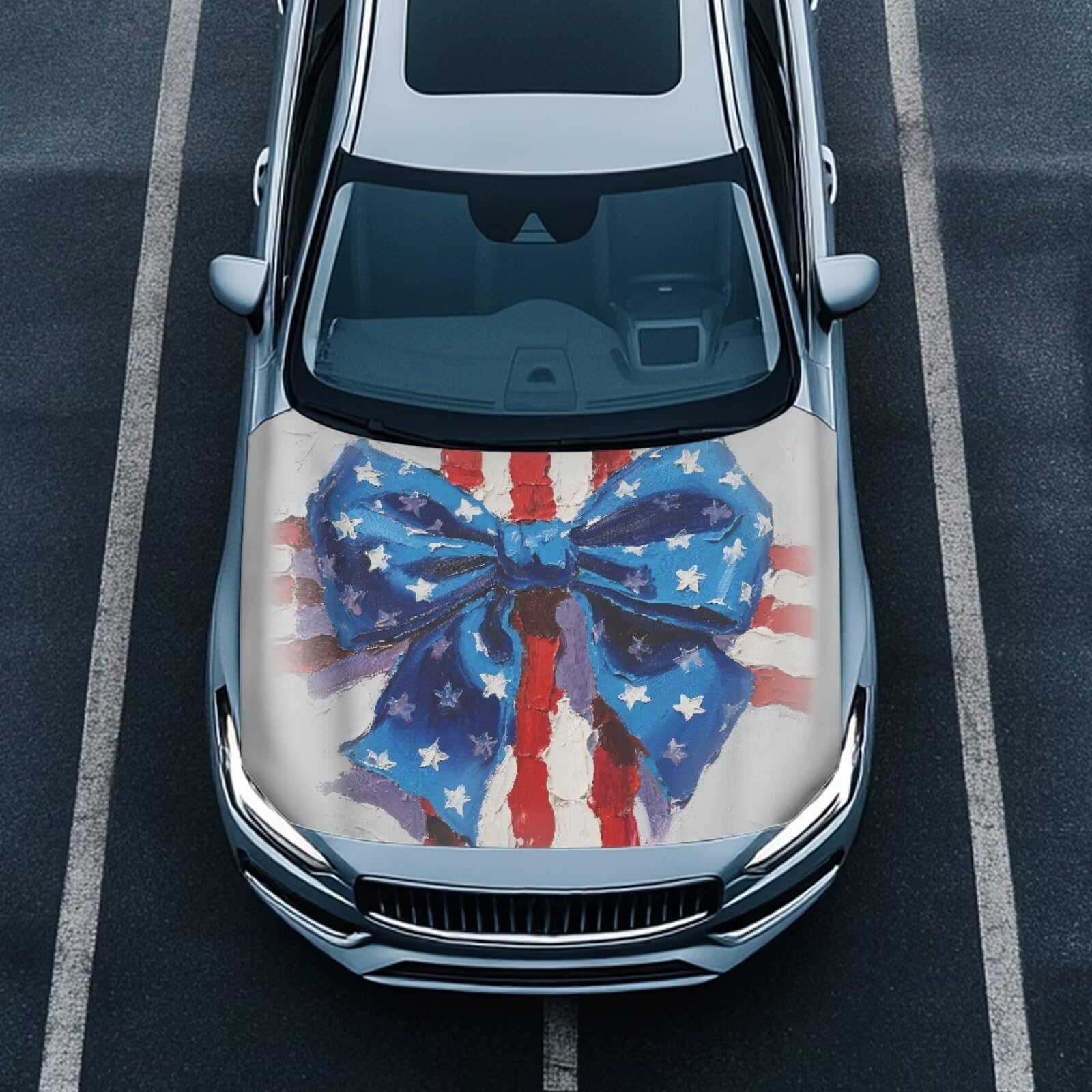 American Flag Bow Car Hood Cover Watercolor Bow Star Stretchable Elastic 4th of July Auto Accessories for Car Hood Decoration and Protection, Universal Fit