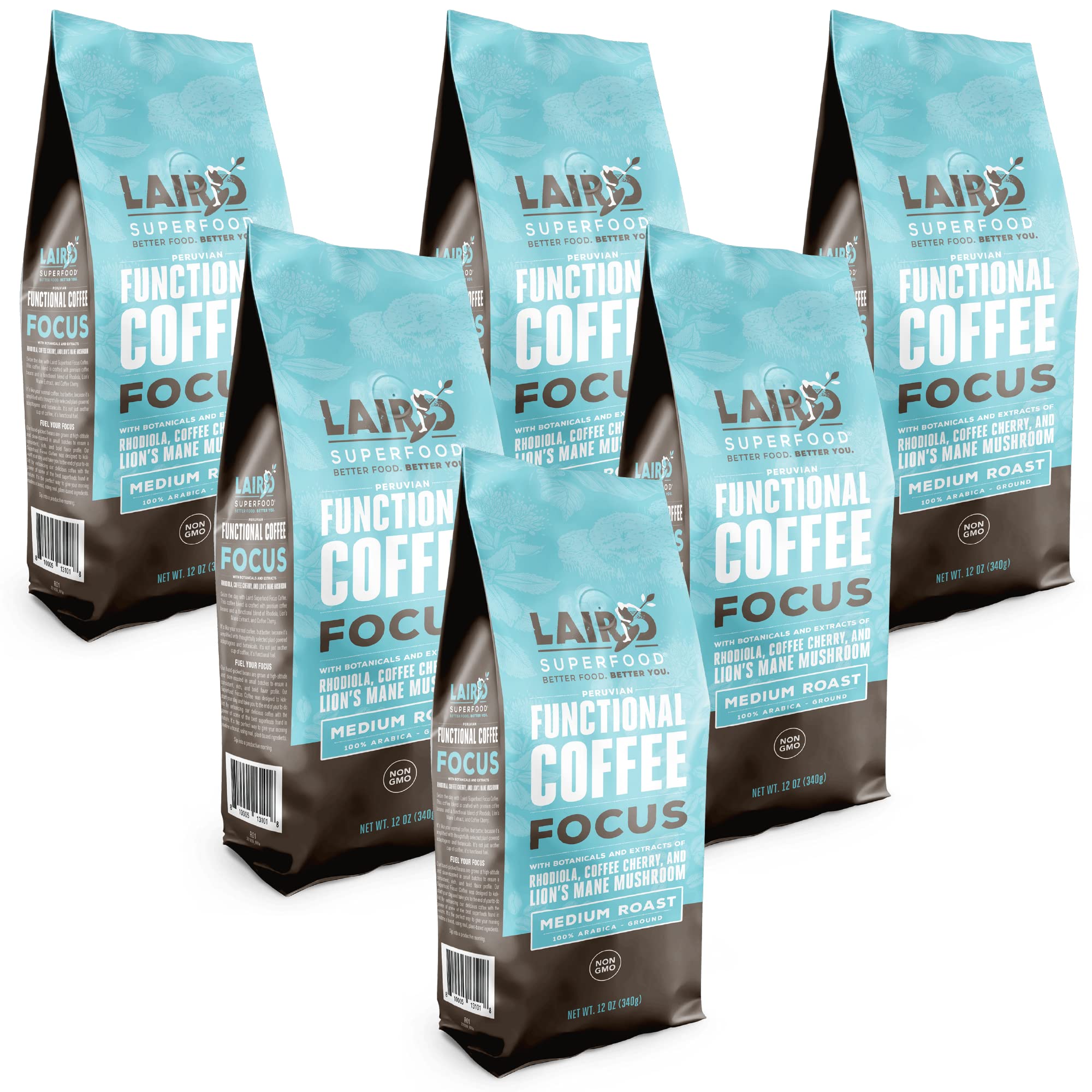 Laird SuperfoodFocus Coffee, Medium Roast Ground Coffee Infused with Functional Mushrooms and Botanical Adaptogens, 12 oz. Bag, Pack of 6