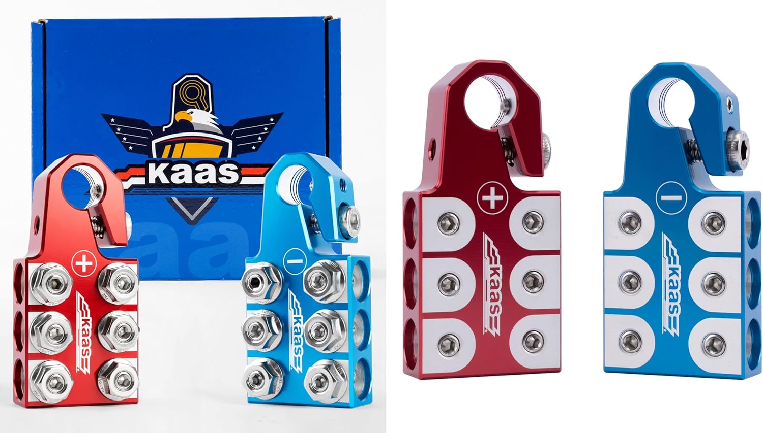 Kaas Battery Terminal Set – 12-Way Colored Anode Top Post Clamps + 6-Way 1/0 AWG Battery Connectors, Red/Blue Positive and Negative Set for SAE/DIN/EN Tapered Top Post, Compatible with 8AWG to 4/0 (XL