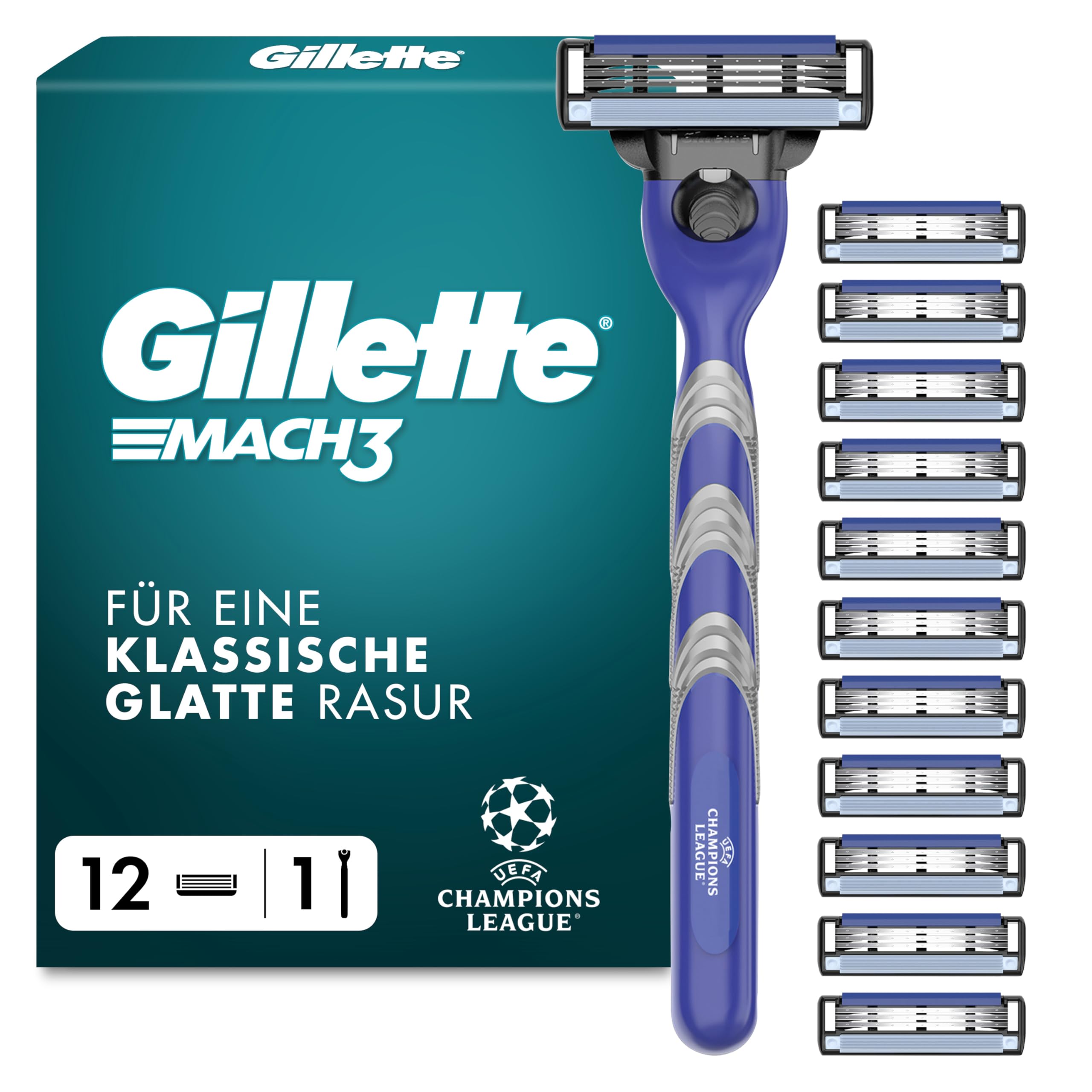 Gillette Mach3 Standard Rasierer Herren, UEFA Champions League Special Edition — Inkl 1 Nassrasierer, Reiseschutzkappe, 12 Ersatzklingen mit Gleitstreifen und Klingenbeschichtung — Blau/Grau