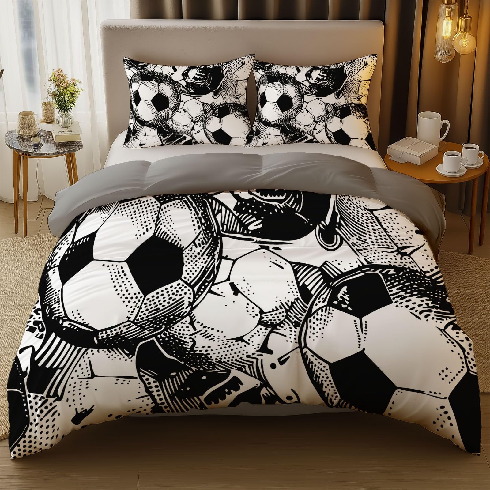 Generico Arte Cómico Líneas FútbolJuego de Funda Nordica Estampada Cama 90-150 x 220 cm + 50x75x2, Microfibra Suave Transpirable, Juego de Funda de Edredon con Cremallera, Gris