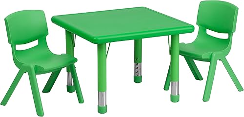 Flash Furniture Juego de mesa de actividad ajustable en altura de plástico verde cuadrado de 24 pulgadas con 2 sillas
